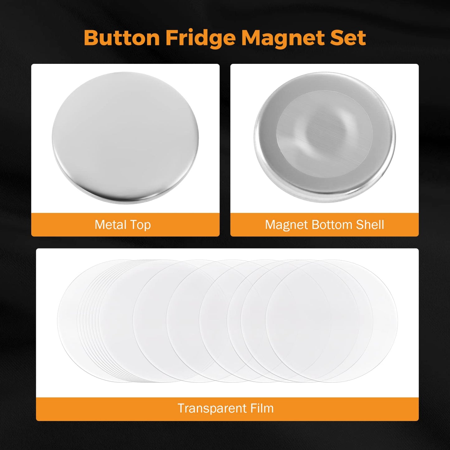 BEAMNOVA 100 Sets 58mm / 2.28 in (Approx. 2-1/4 inch) Button Magnet Supplies for Button Maker Machine, Round Metal Pin Maker Blanks, for DIY Crafts, Gifts, Market Booths (Machine NOT Included)
