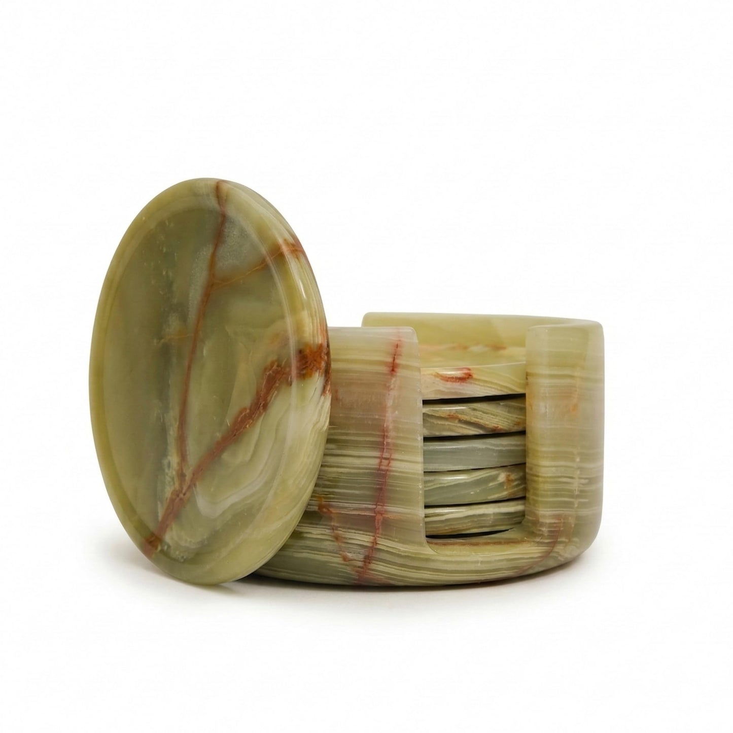Green Onyx Marble Coasters Set of 6 with Holder, 3.5 Inch Round Drink Coasters for Tabletop and Coffee Table Decor