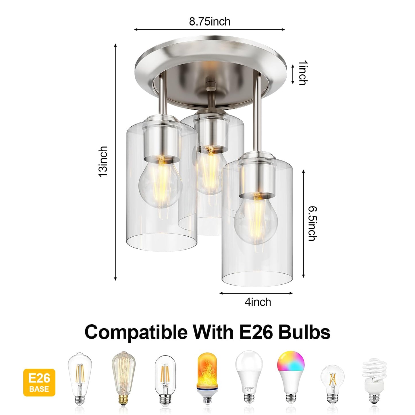 Kalium 3-Lights Semi Flush Mount Ceiling Light Fixture, Farmhouse Light Fixtures, Ceiling Light Decor for Kitchen, Foyer, Entryway, Brushed Nickel with Clear Glass Shade.