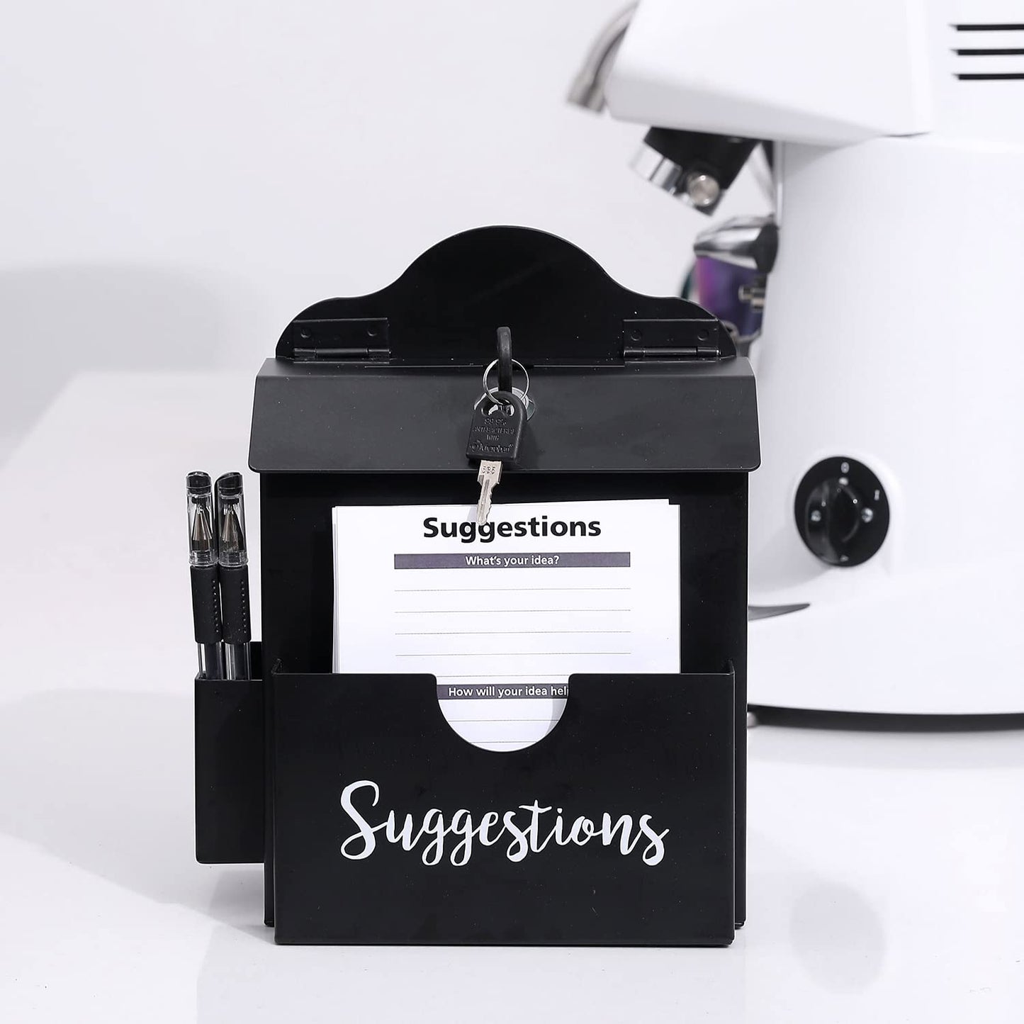 MyGift Suggestion Box with Slot and Lock, Donation Box for Fundraising, Complaint Case with Paper Sheet and Pen Holder Slots,Wall Mounted or Tabletop, Black Metal
