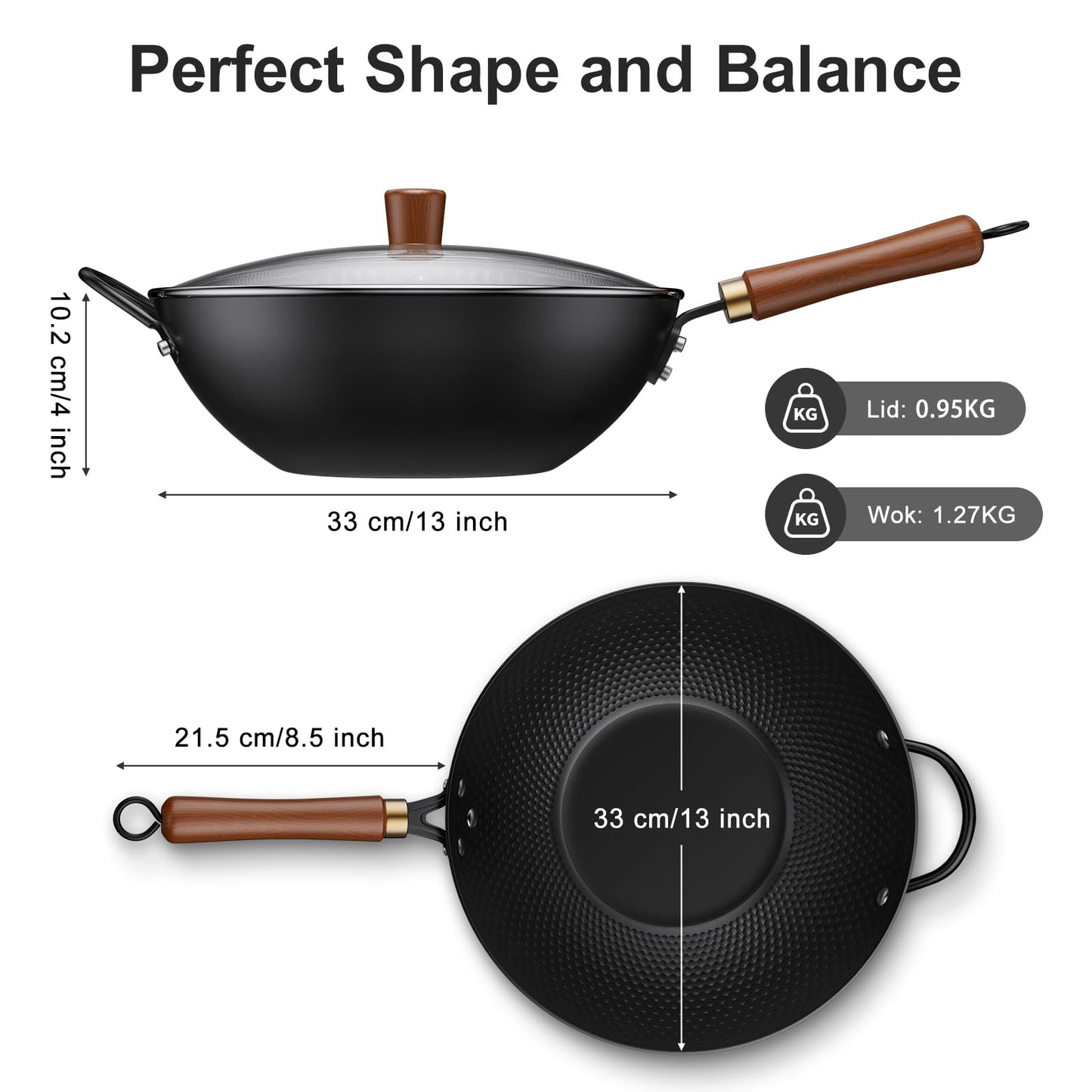 Todlabe 13-Inch Carbon Steel Wok Pan with Glass Lid, Naturally Nonstick Pre-Seasoned Woks & Stir-Fry Pans, No Chemical Coating, Flat Bottom for Induction, Gas, Electric, Halogen & All Stoves