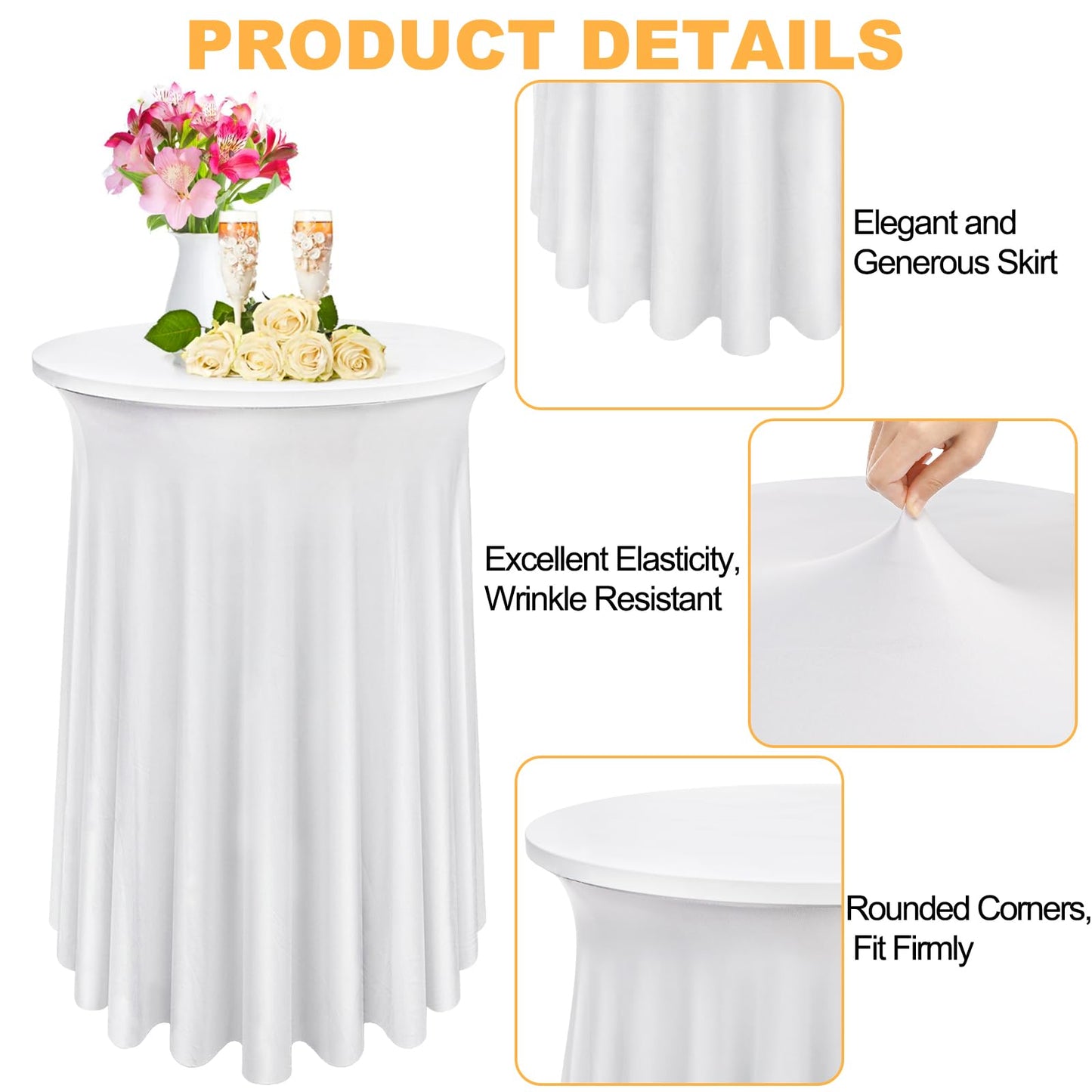 Bekith 4 Pack Round Spandex Stretch Cocktail Tablecloths with Natural Wavy, 32 x 43 Inch Cocktail Table Covers Round Table Skirt Fitted High Top Table Bar for Party Wedding Birthday Banquet (White)