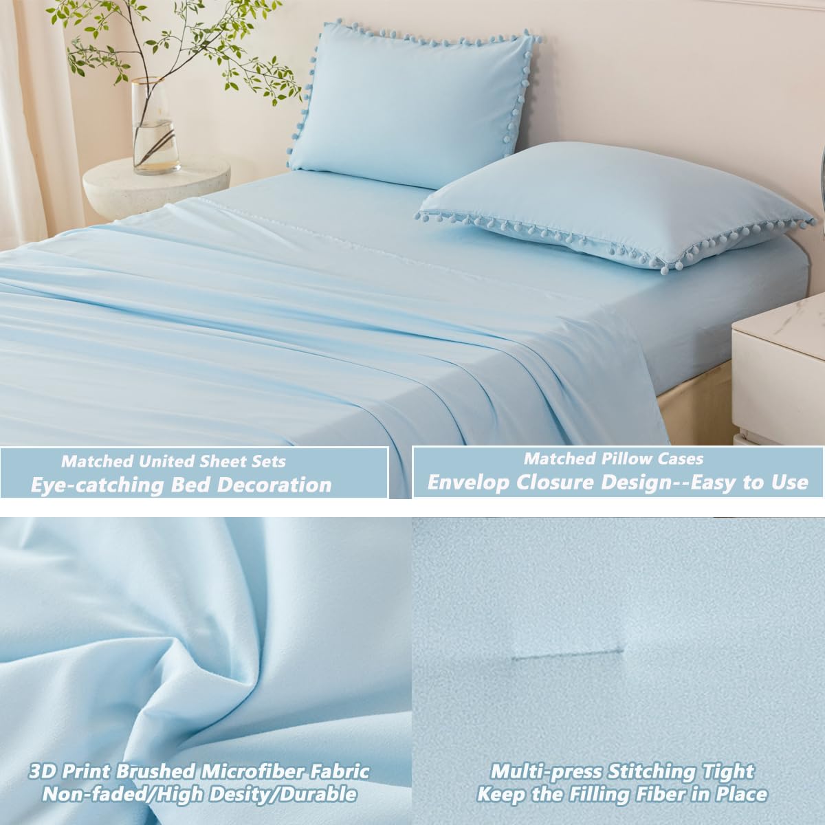 PERFEMET 5 Pieces Twin Bedding Sets Light Blue Pom Pom Comforter Set for Girls Boys Soft Fluffy Solid Boho Bed in A Bag with Comforter and Sheets(Light Blue, Twin)