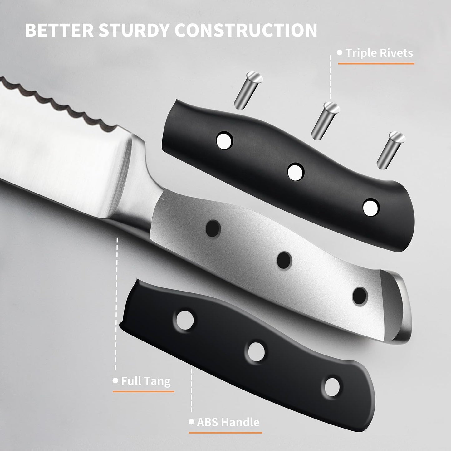 Alata 8-Piece Steak Knives Set, 4.7 Inch with Serrated Edge Razor-Sharp Dinner Knives, Full-Tang Construction