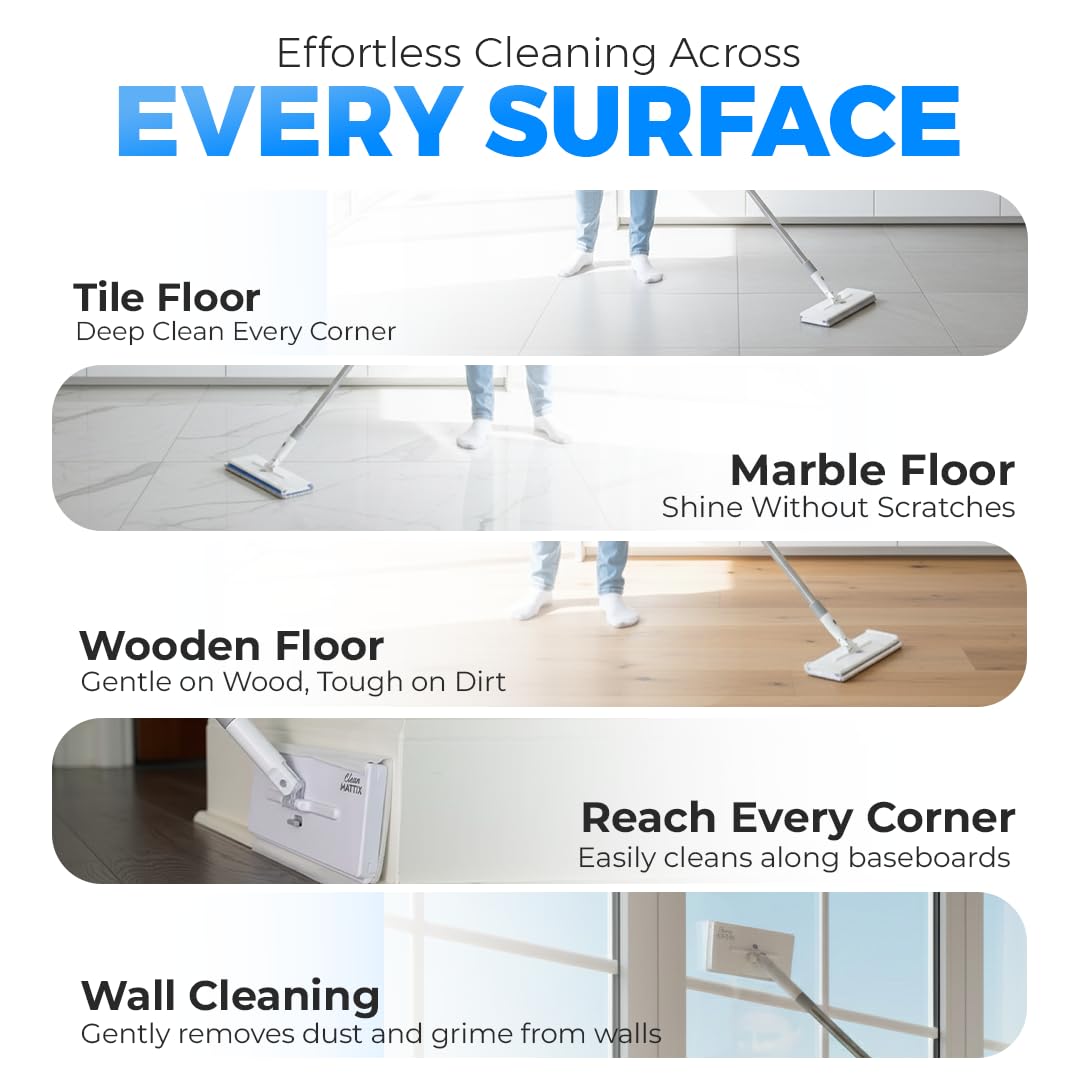 CleanMattix - FlexiClamp Sweep & Mop Kit - Compatible with Swiffer Pads, Durable Cleaning Tool for Hardwood, Tile, Marble & Laminate Floors, Home, Kitchen Cleaning Essentials. (Include 10 Dry Cloths)