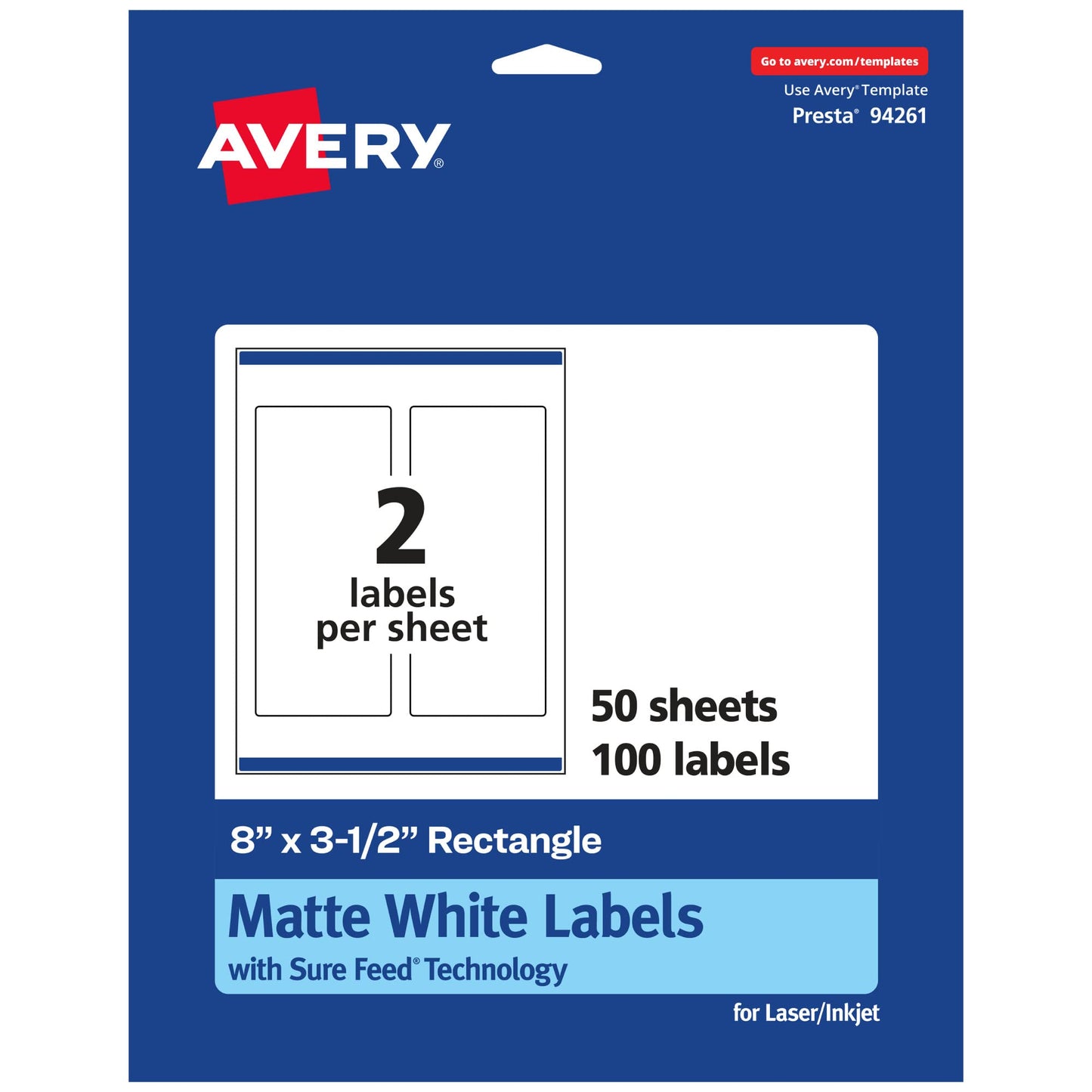 Avery Matte White Rectangle Labels, Sure Feed Technology, 8" x 3.5", 100 Matte White Printable Labels