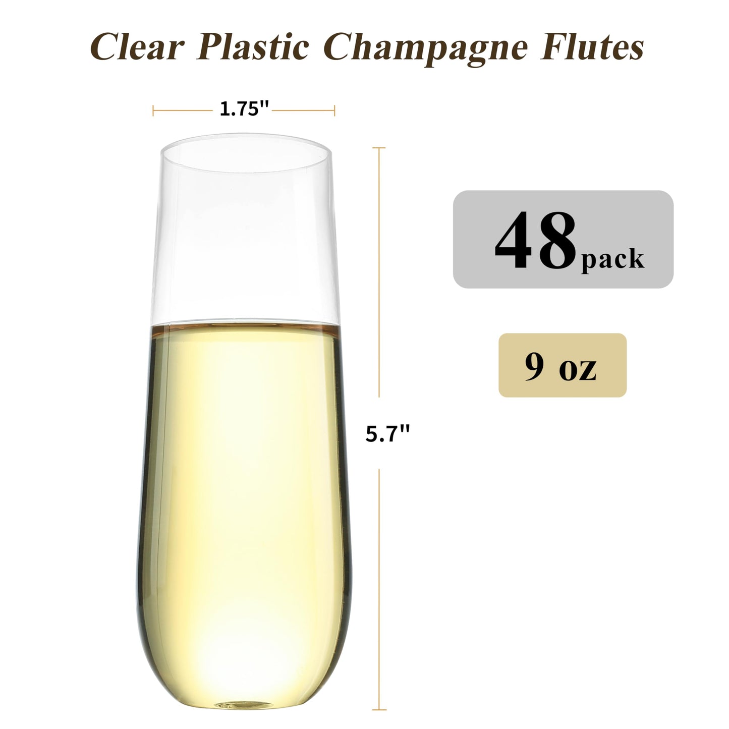 Bestluck 48 Pack 9 oz Stemless Plastic Champagne Flutes, Clear Disposable Champagne Toasting Glasses, Shatterproof and BPA-Free Drinkware for Party & Graduation & Wedding
