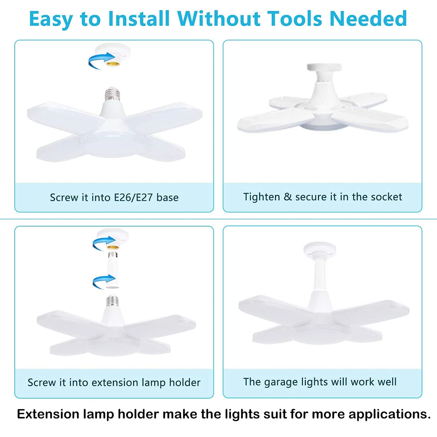 4 Pack LED Garage Lights, 6000LM 60W Deformable Shop Light with 4 Adjustable Panels, 6000K Garage Lights Ceiling Led, E26 Base - 360° Foldable Design for Warehouse/Basement/Workshop
