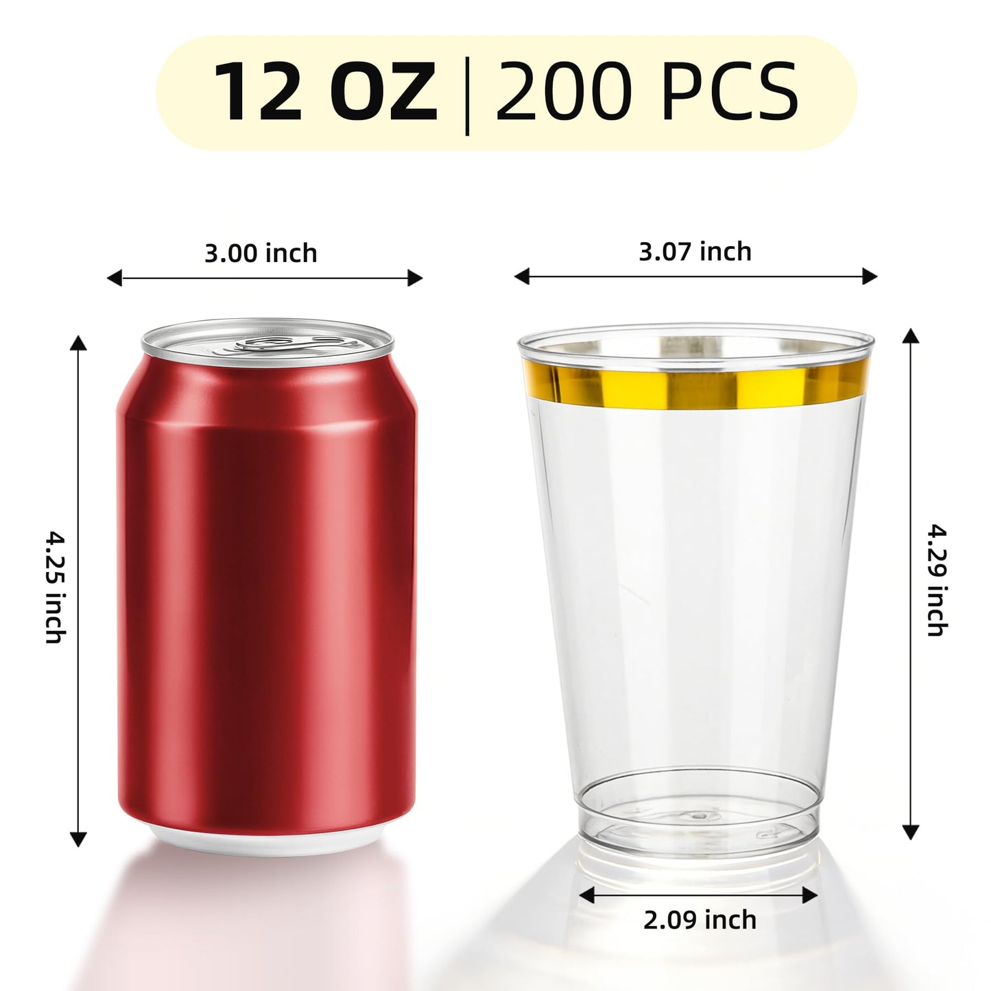 Ciselure 200 Pack Gold Plastic Cups, 12 Oz Clear Disposable Cups with Gold Rim, Heavy Duty Cups for Party, Wedding and Daily Use