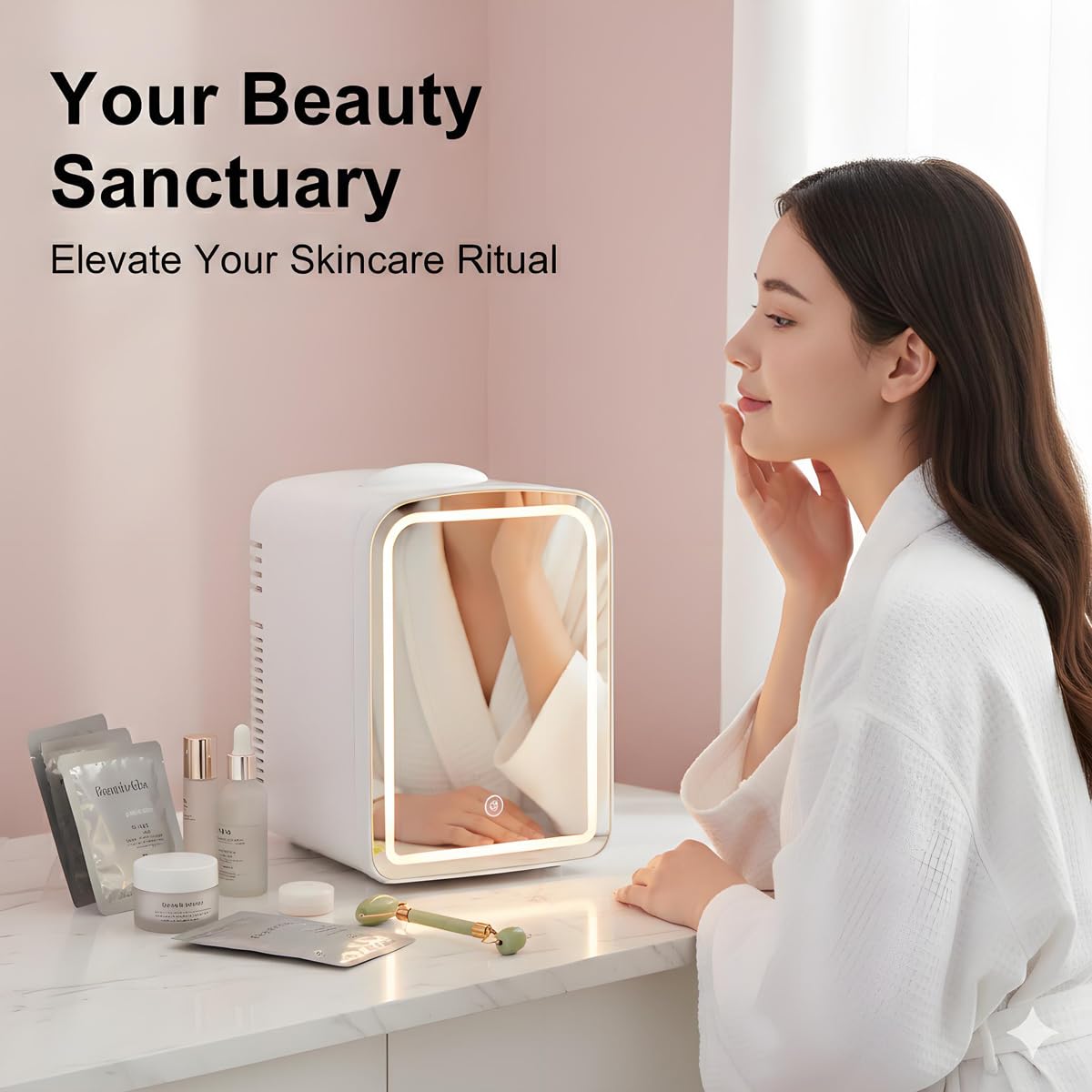 Lispin Skincare Fridge With Dimmable LED Light Mirror, 4L Makeup Mini Fridge for Bedroom, Car, Office & Dorm, Portable Small Refrigerator for Cosmetics, Skin Care and Food