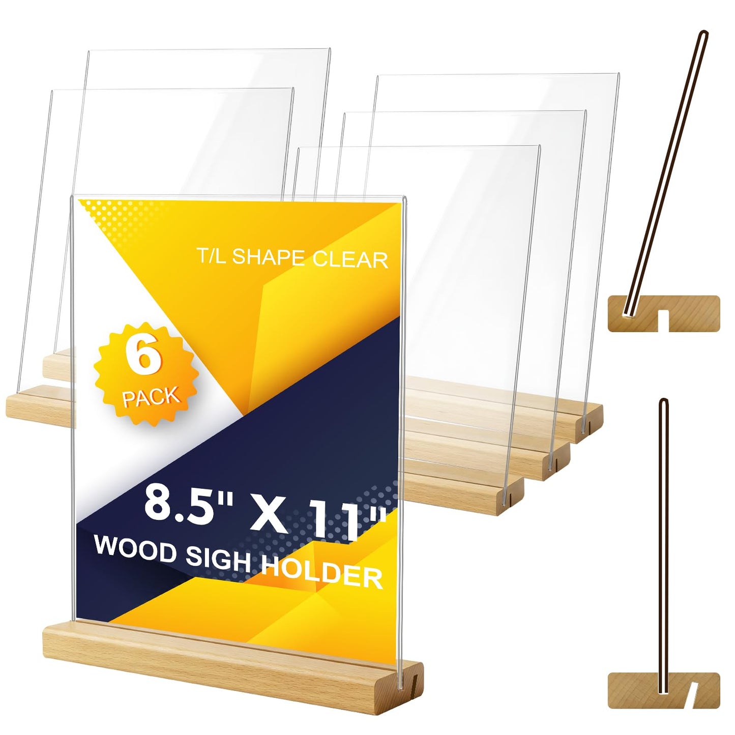 Comix 8.5x11 Clear Acrylic Sign Holder with Wood Base 6 Pack L/T Shape Table Display Stand Vertical or Slant Back Display for Wedding, Restaurant, Store, Office, Hotel