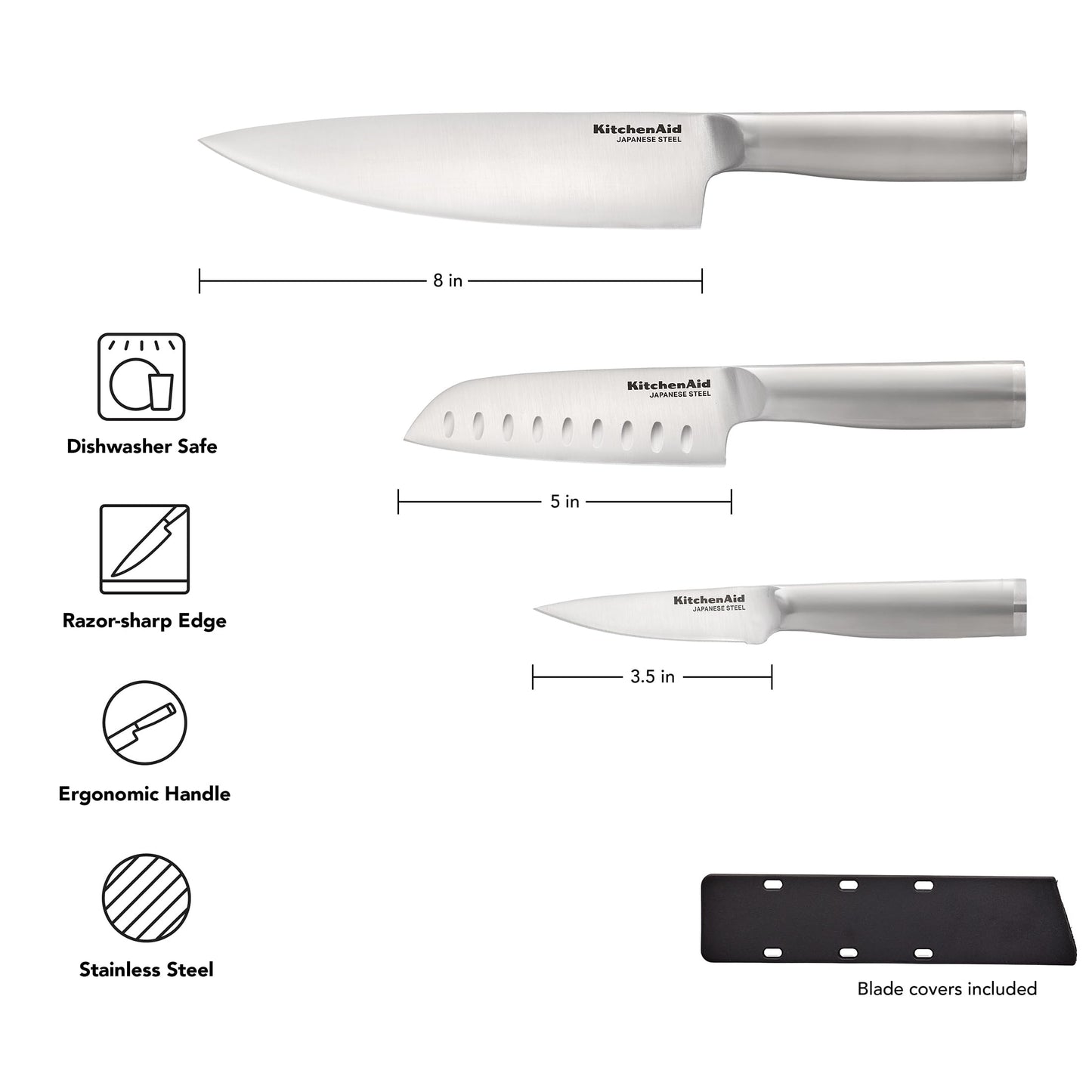 KitchenAid 3 Piece Forged Chef Knife Set Japanese Steel, Includes 8 Inch Chef Knife, 5 Inch Santoku Knife, and 3.5 Inch Paring Knife with Blade Covers