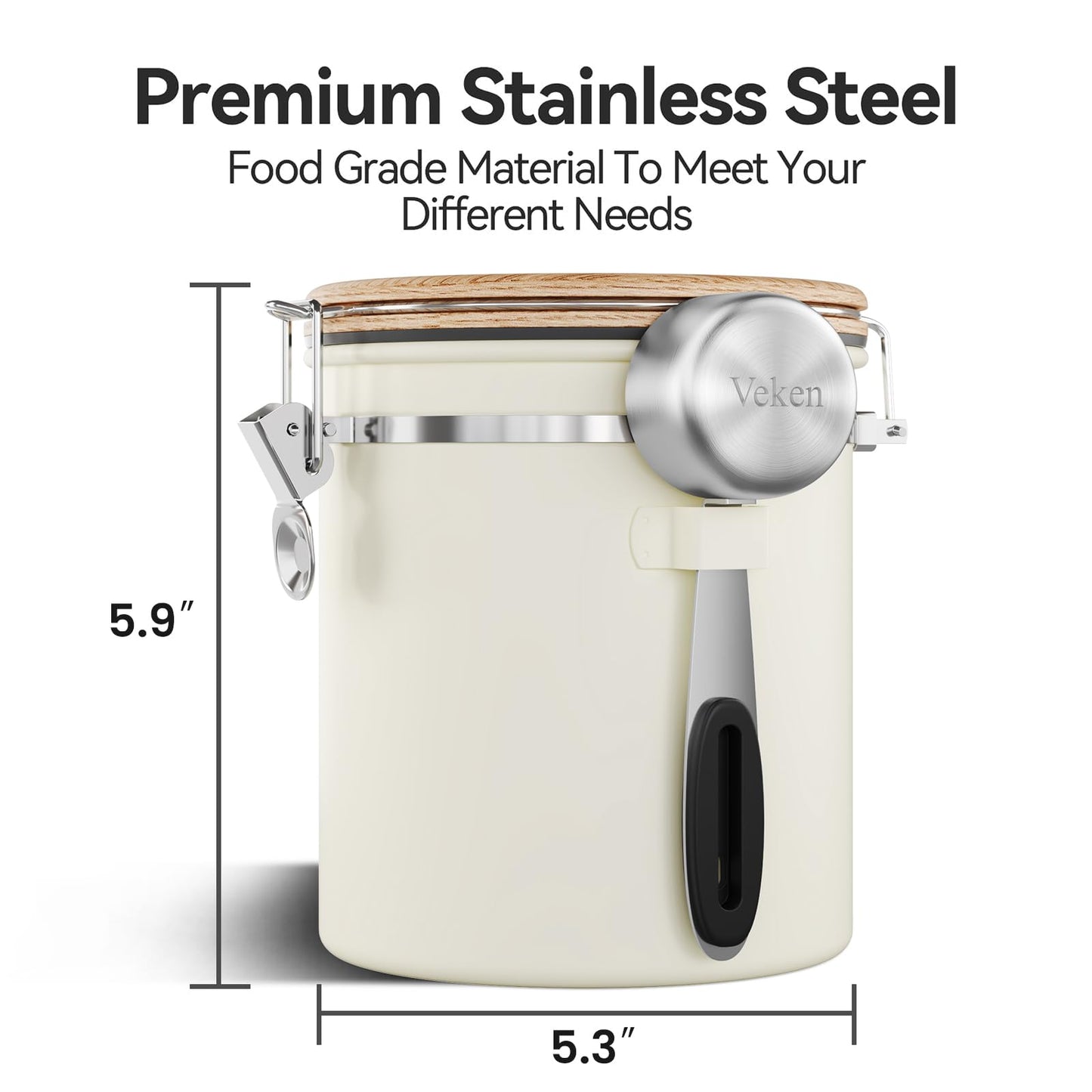 Veken Coffee Sugar Canister with Window, Airtight Stainless Steel Kitchen Food Storage Container with Lids, Date Tracker and Scoop for Grounds Coffee, Beans, Tea, Flour, Cereal Jars, 16OZ, Cream