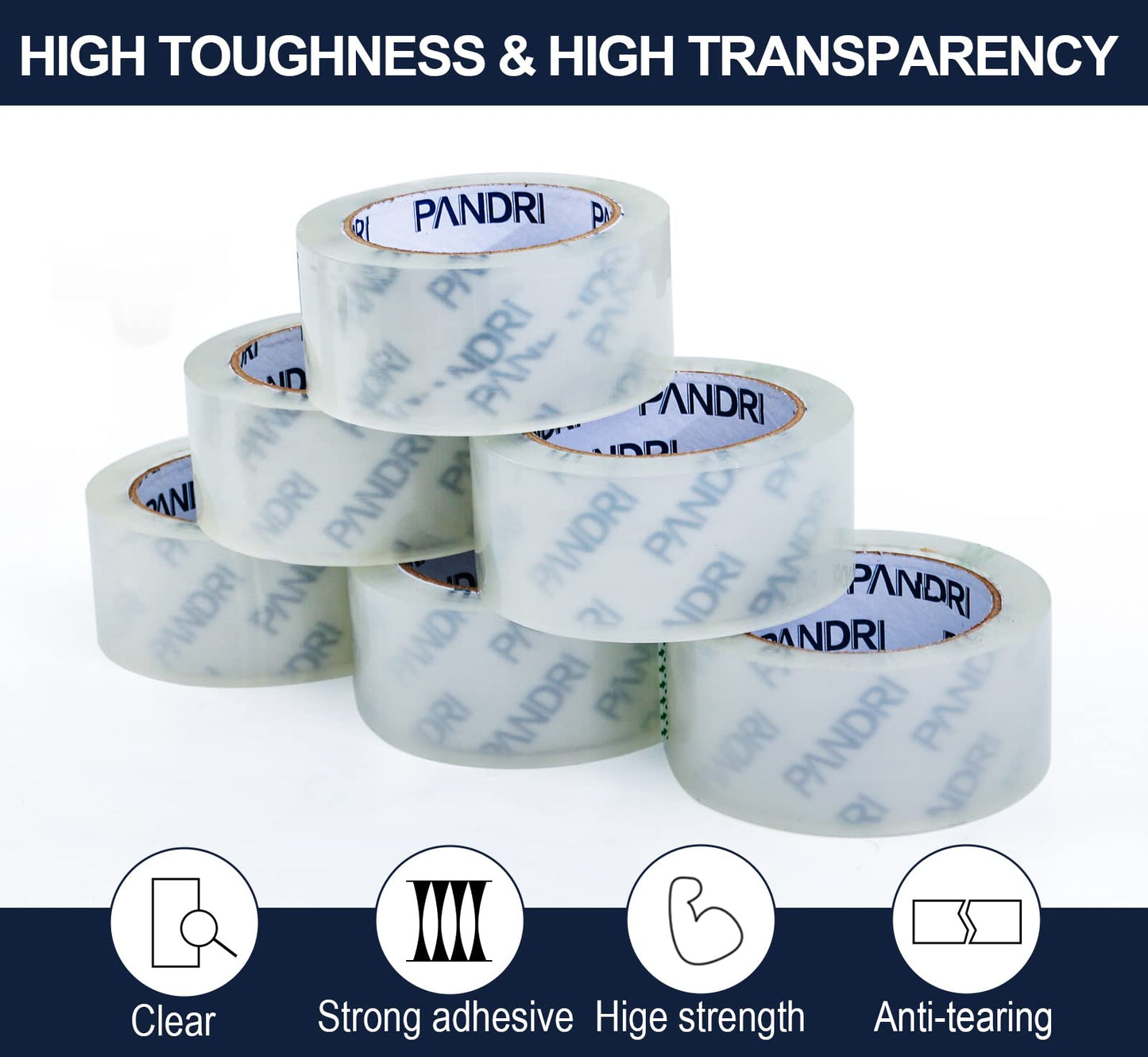 PANDRI Packing Tape, 24 Rolls Heavy Duty Clear Packaging Tape for Shipping Packaging Moving Sealing, 2 inches Wide, 65 Yards Per Roll, Total 1560 Yards