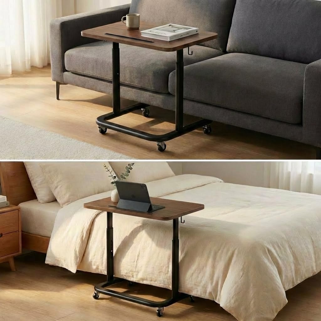 BUYIFY Height Adjustable TV Tray Table on Wheels - Rolling Laptop Desk for Bed & Sofa - C Shaped Side Table for Recliner, Small Spaces & Walking Pad-Dark Walnut- FRD1