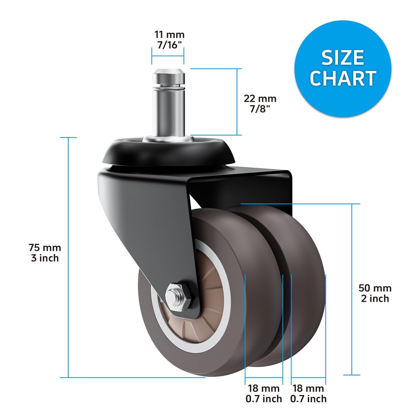 ASHGOOB 2 Inch Low Profile Office Chair Casters 650 lbs, Dual-Wheel TPR Rubber Wheels with Electrophoretic Coating Steel Bracket, Silent Non-Scratching for Hardwood Floors, Set of 15 (Grey)