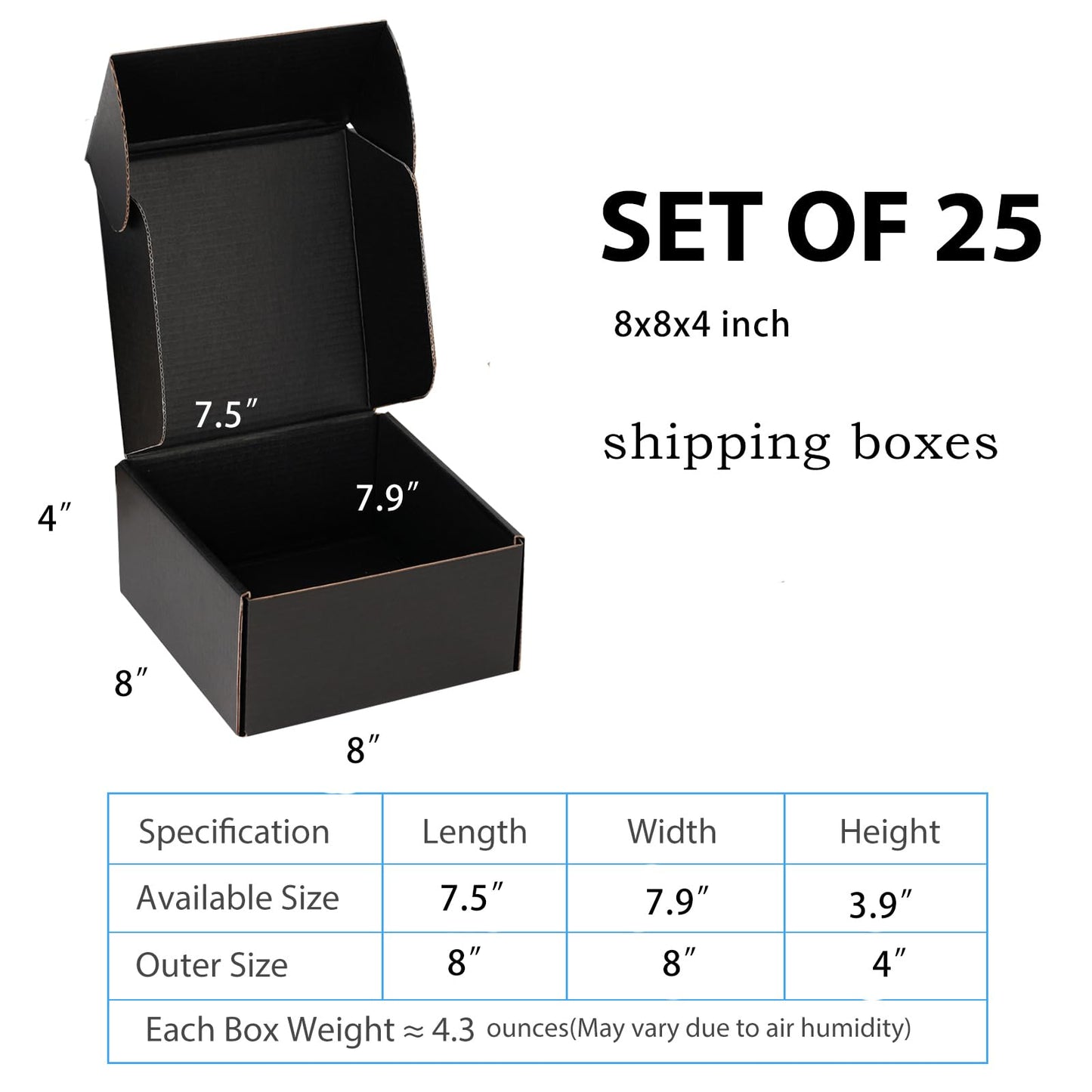 DUZCLI Small Shipping Boxes 8x8x4 Inch (25 Pack) - Sturdy Black Corrugated Cardboard Boxes for Small Business, Ecommerce, Mailing & Packaging | Recyclable Gift & Storage Boxes
