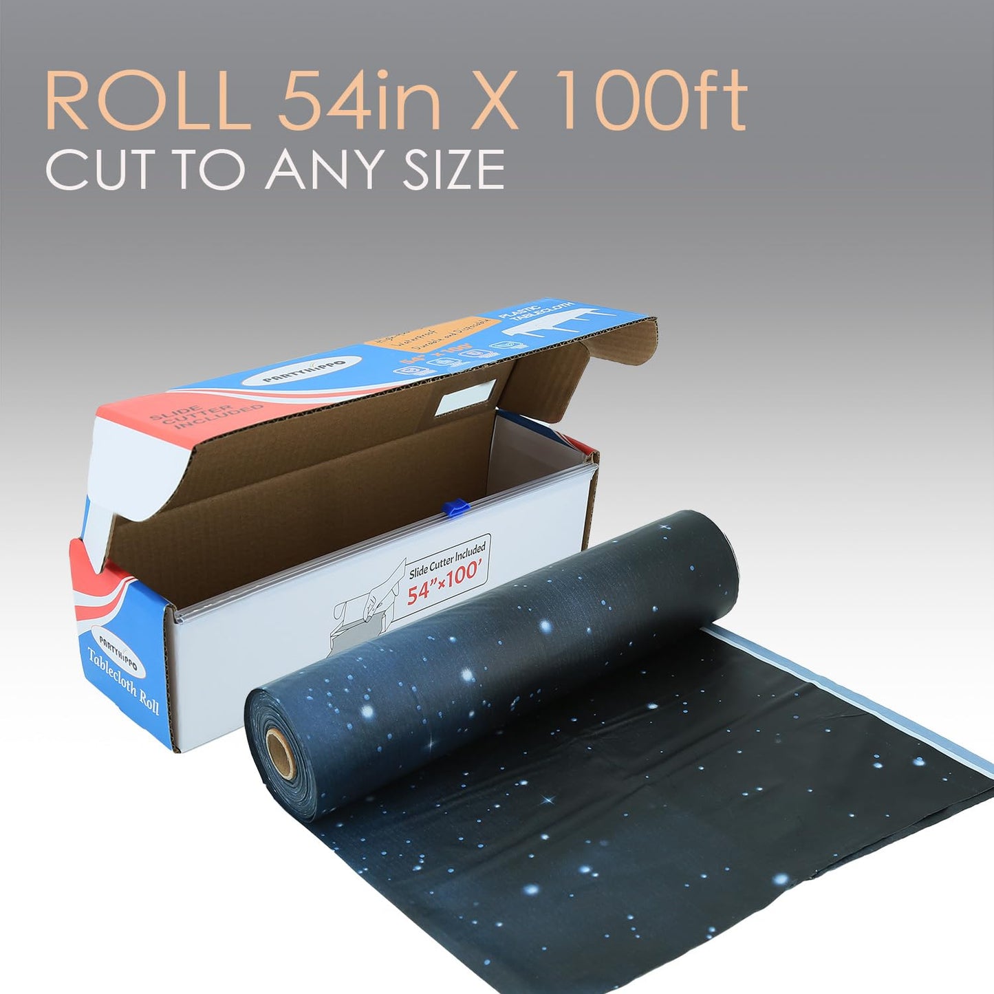 PARTYHIPPO Disposable Tablecloth Roll 54" x 100' with Built-in Cutter Box – Heavy Duty Waterproof, Wrinkle-Resistant Plastic Table Cover – Cut to Size for Rectangle, Round & Oval Tables – Starry Sky