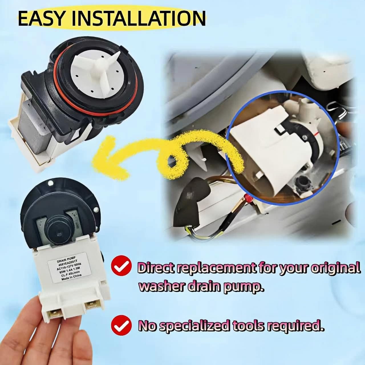 LZXQYMX Washer Drain Pump - Compatible with LG WM9500HKA, WM8100HVA, WM9000HWA Replacement | 4681EA2001N Model | with Overheat Protection & Easy Installation
