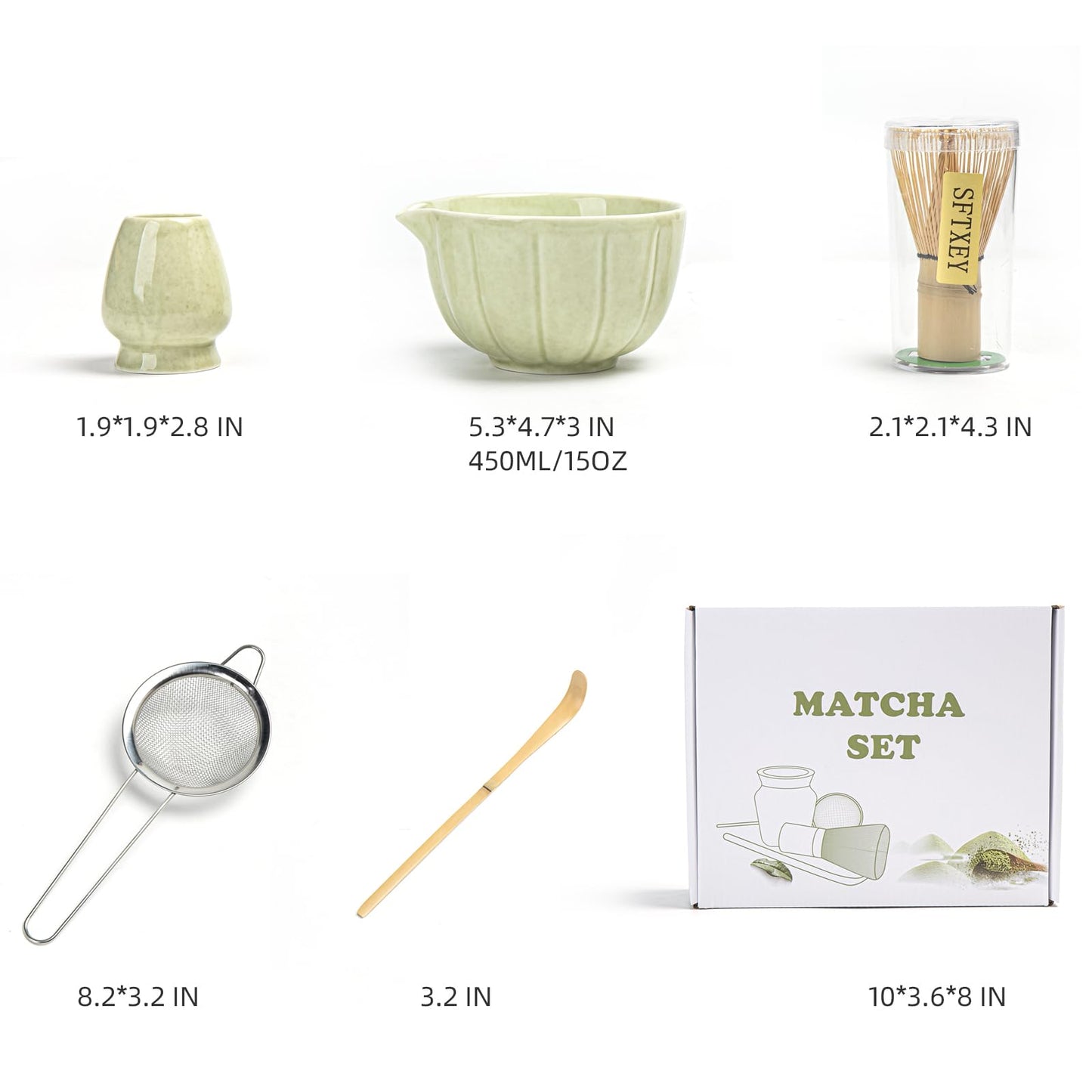 SFTXEY Matcha Whisk Set, Matcha Set Includes Ceramic Matcha Bowl, Bamboo Whisk, Scoop, Chasen Holder, Sifter, 5 Pcs Perfect Matcha Kit for Matcha Lover (Mottled Green)