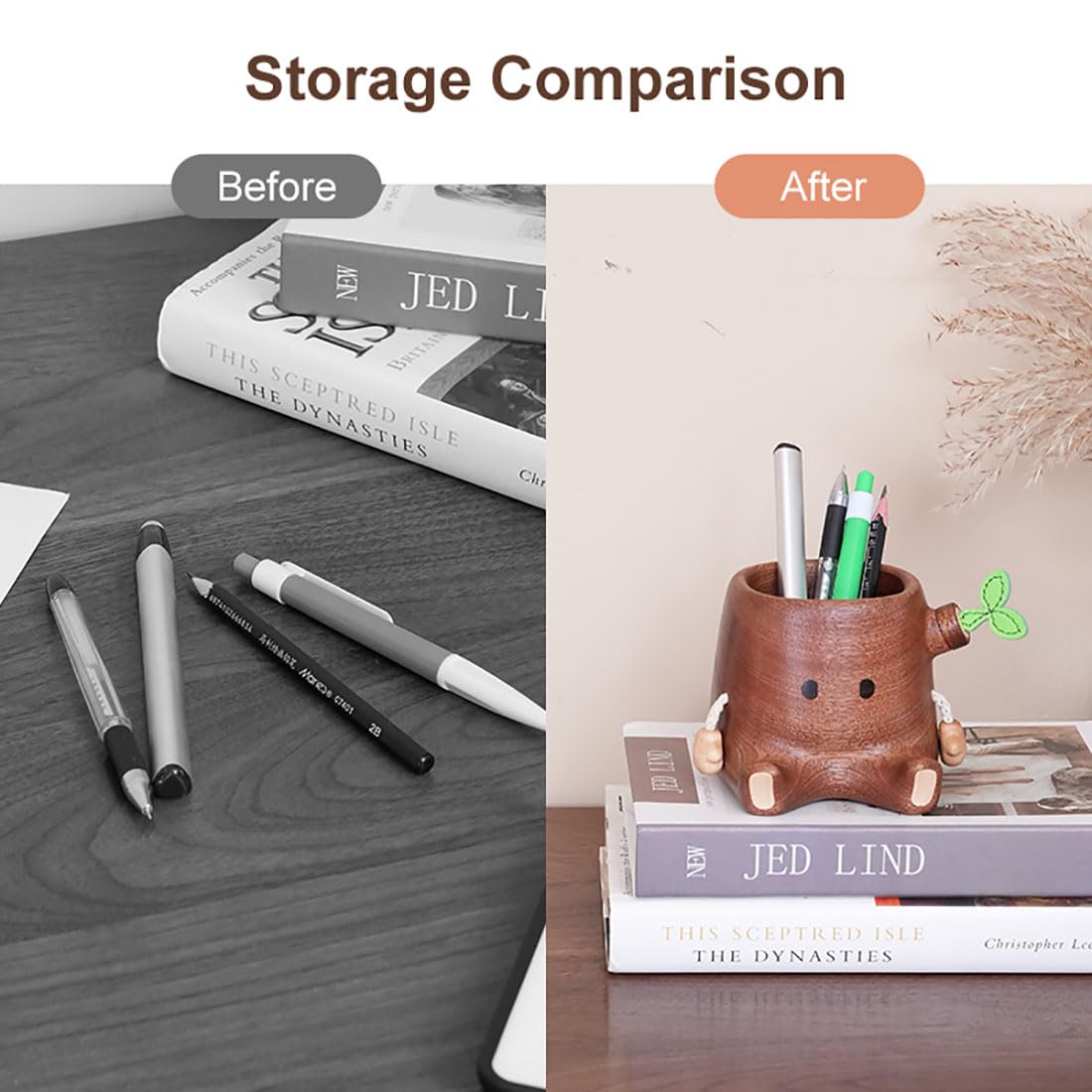 Stump Pen Holder – Cute Wooden Desk Organizer, Fairy Tale Tree Stump Pencil Cup for Stationery, Makeup Brushes, Dried Flowers, Solid Wood Desktop Decor Gift