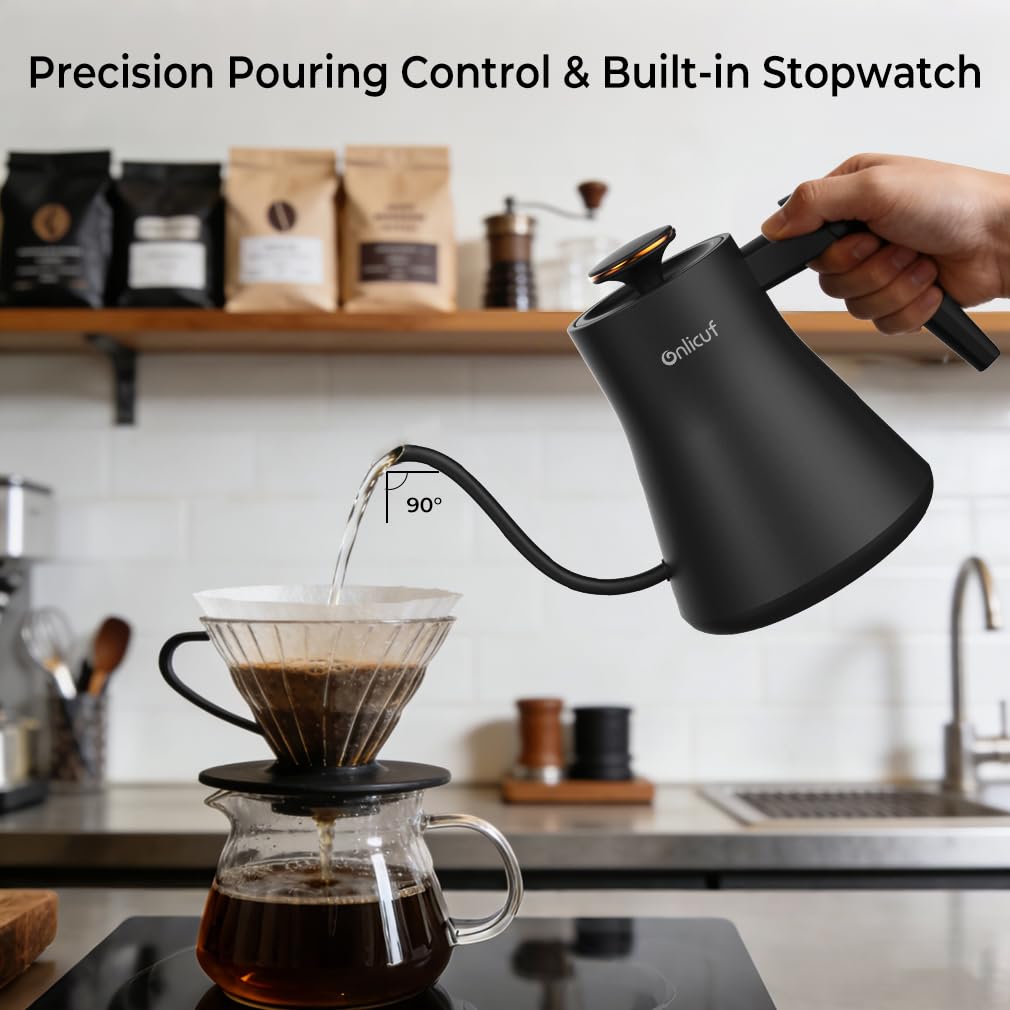 Onlicuf Electric Gooseneck Kettle with Temperature Control, 0.8L Pour Over Coffee, ±1°F Precision Heating, 7 Presets, Stainless Steel Inner, Electric Tea Kettle with 2H Keep Warm, Matte Black