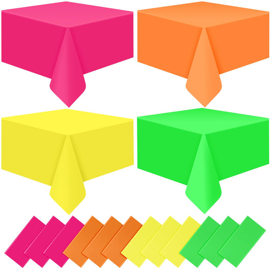 12 Pcs Neon Color Plastic Tablecloth for Rectangle Tables, Disposable Assorted Color Table Cloth, Pink Orange Yellow Green Colorful Table Cover for Neon Birthday Picnic Party Decorations, 54 x 108Inch