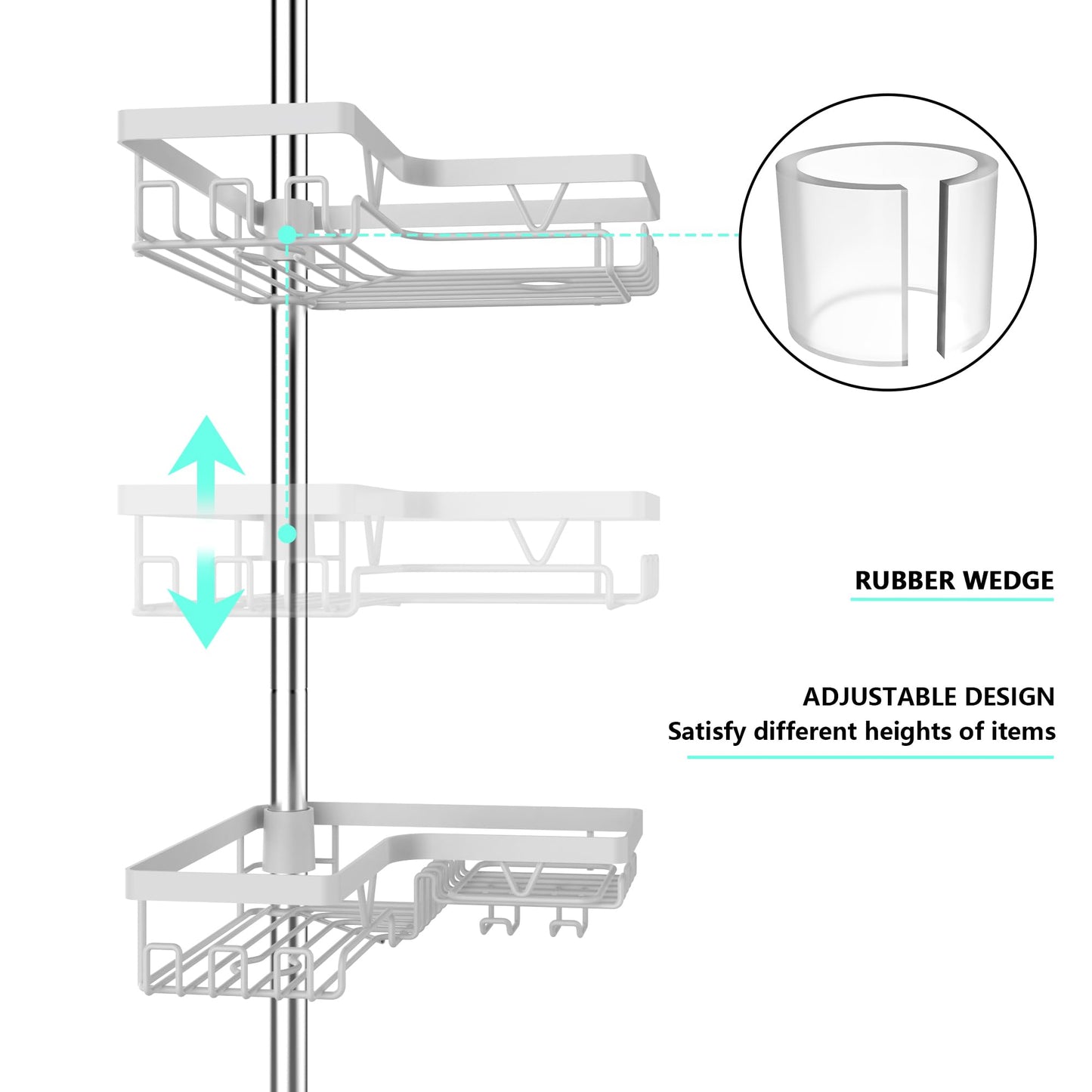 KEGII Corner Shower Caddy Tension Pole - 4-Tier Rustproof Bathroom Organizer, Floor to Ceiling Shower Caddy 25-114.2 inch, No Drilling Shower Storage Rack for Shampoo, Towels (Matte White)
