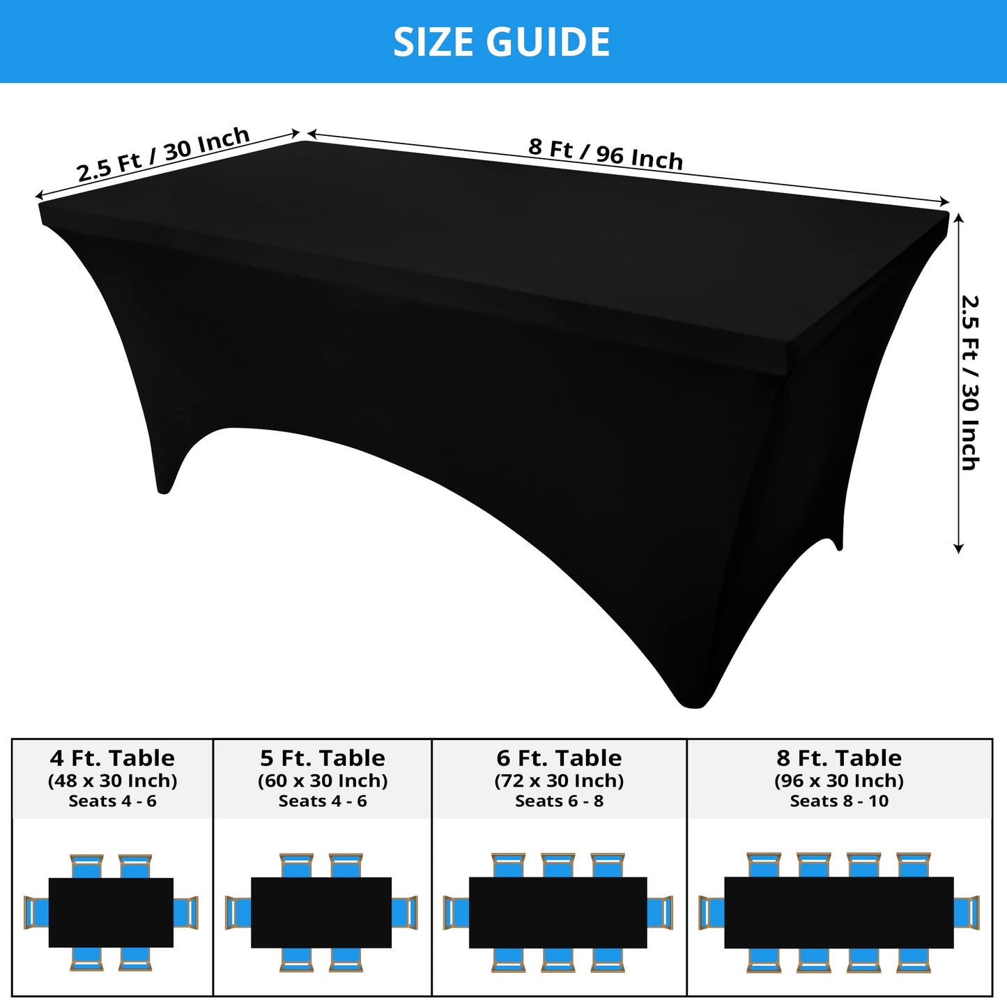 Utopia Kitchen Spandex Tablecloth 2 Pack [8FT, Black] Tight, Fitted, Washable and Wrinkle Resistant Stretch Table Cloth Rectangle Cover for Trade Show, Weddings & Parties [96Lx30Wx30H Inch]