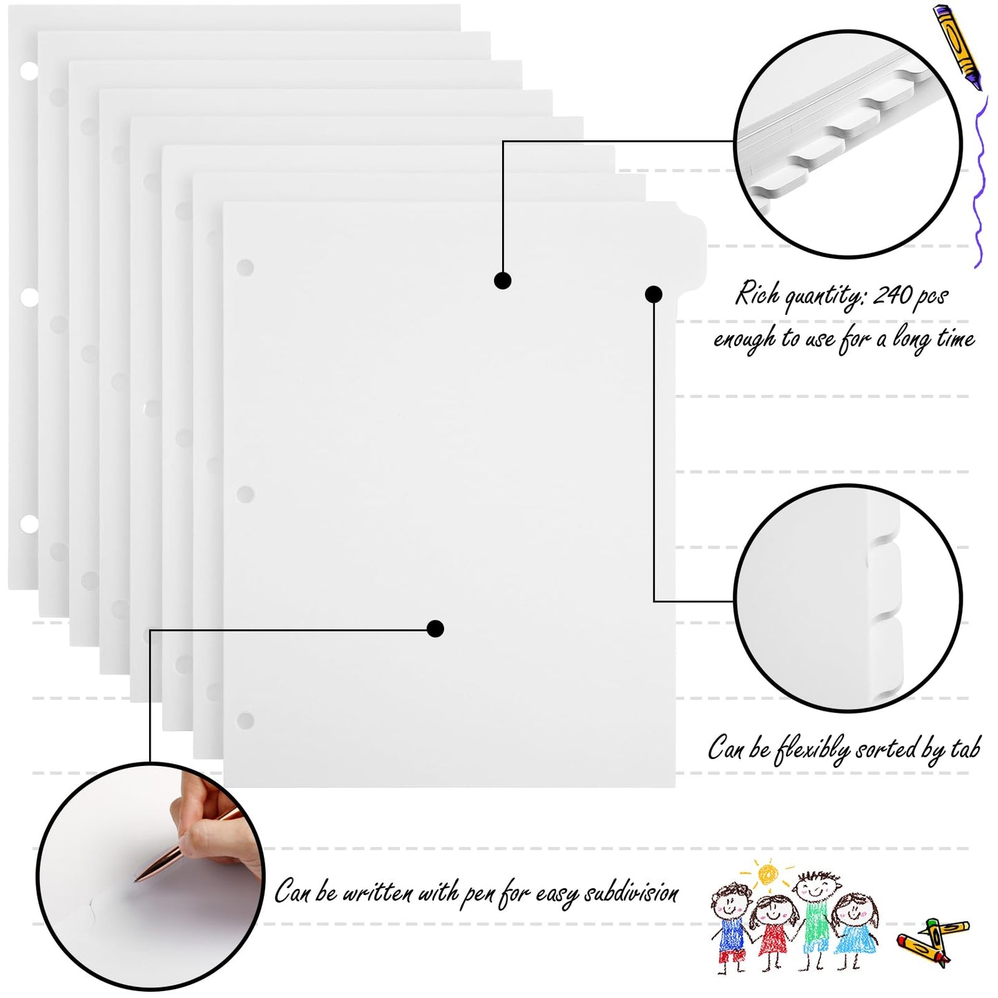 Harloon 30 Set 30 Set 3 Ring Binder Dividers with 8 Tabs, 1/8 Cut Tab Divider 3 Hole Punch 8.5 x 11 Inch Blank Index Binder Bulk 230 GSM Heavyweight Paper for School Class Office Home (White)