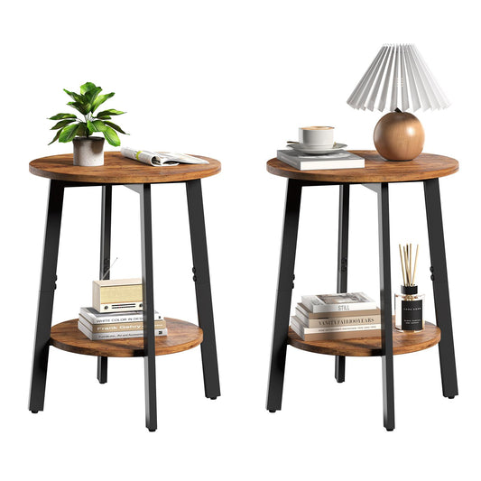 sthmec Side Table Set of 2, Small Round End Table with Storage Shelf for Small Space, 2-Tier Bedside Table Sofa Couch Table, Nighstands Set of 2 Accent Table for Living Room, Bedroom, Rustic Brown
