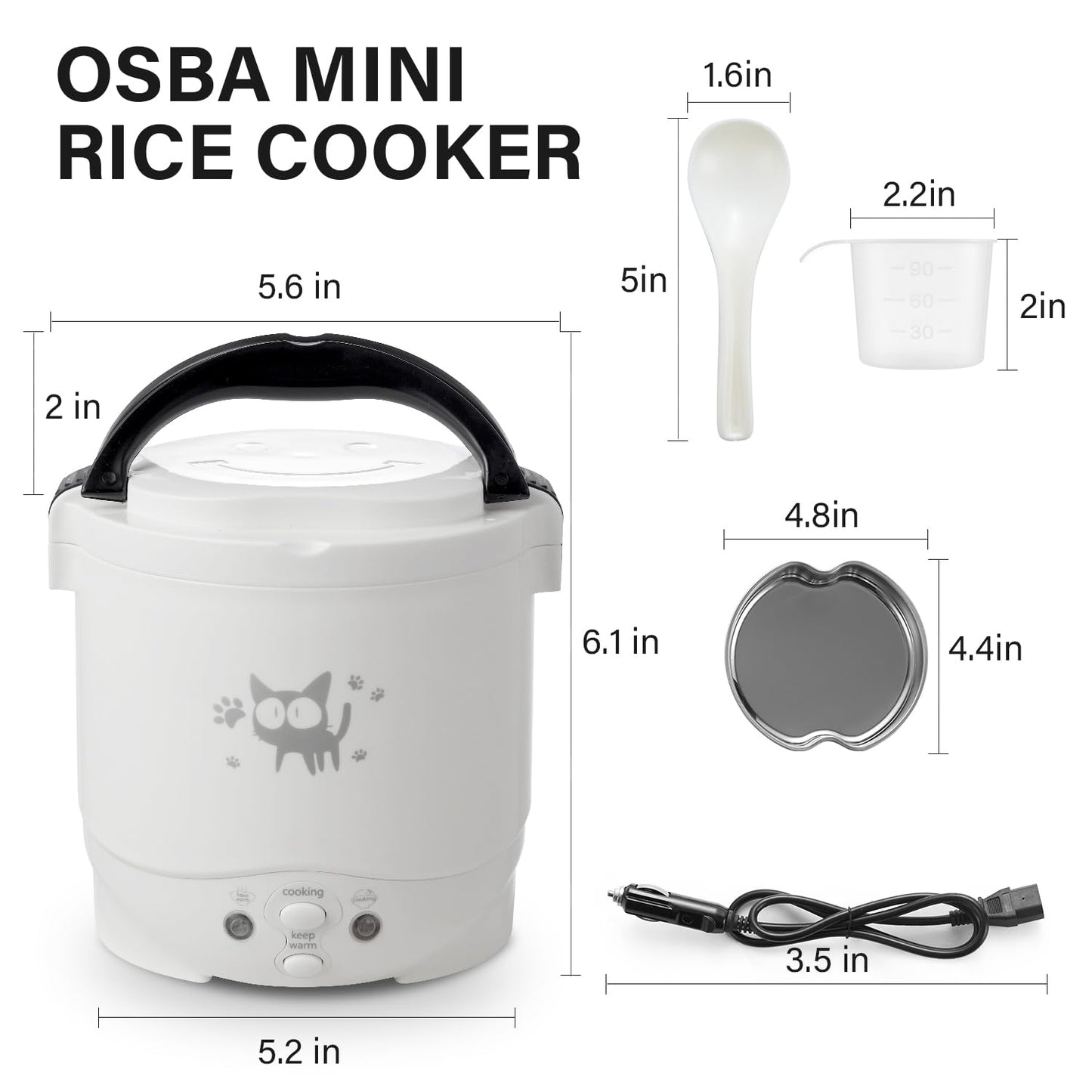 OSBA Mini Rice Cooker, 1L Small Rice Cooker 2 Cup-uncooked Travel Rice Maker 12V for Car with Steamer, Auto Keep Warm Suitable For 1-2 People, White