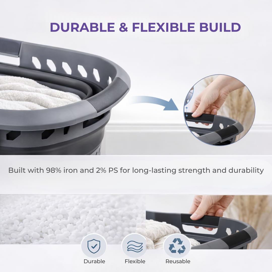 Laundry 360 Collapsible Laundry Basket 40L | Portable | Space Saver Storage | Hold 2 Loads | Store Under the Bed or Closet | Good for Kids | Dorm | Bedroom | Large | Grey/Black
