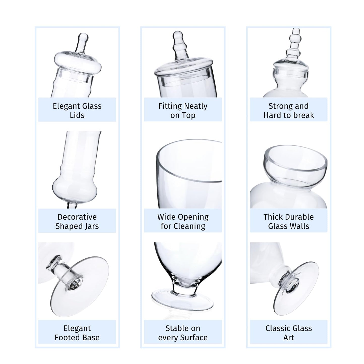 Diamond Star Set of 3 Apothecary Jar Glass Decorative Candy Jars Elegant Storage Candy Buffet Display, Wedding Candy Organizer Canisters (H: 9", 12.5", 14"; 20 FL.OZ, 23 FL.OZ and 28 FL.OZ)