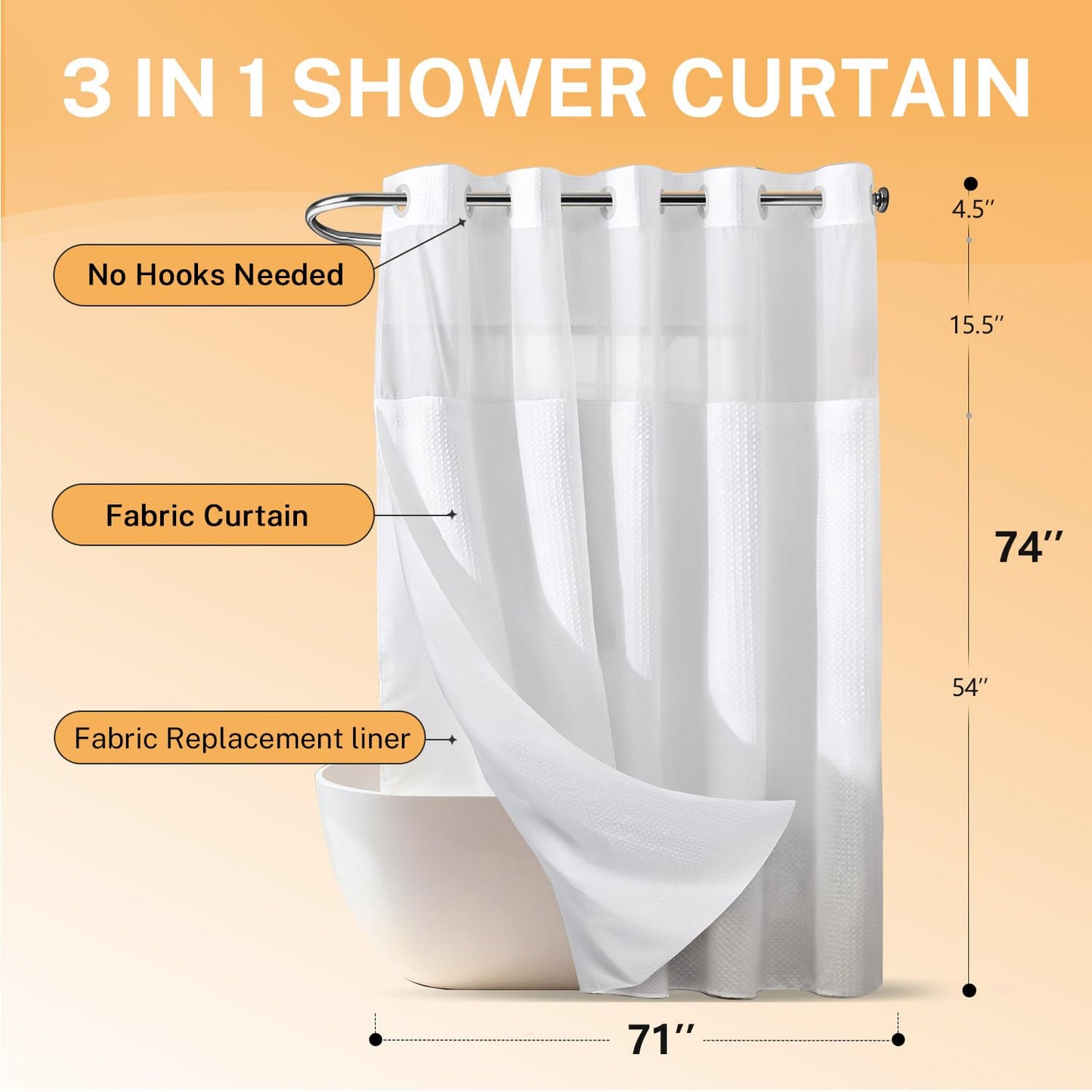 River Dream No Hooks Waffle Weave Shower Curtain with Snap in Liner + an Extra Replacement Liner，Bathroom Curtains Shower Set - 71W x 74H, Hotel Grade, Spa Like Bath Curtain, White