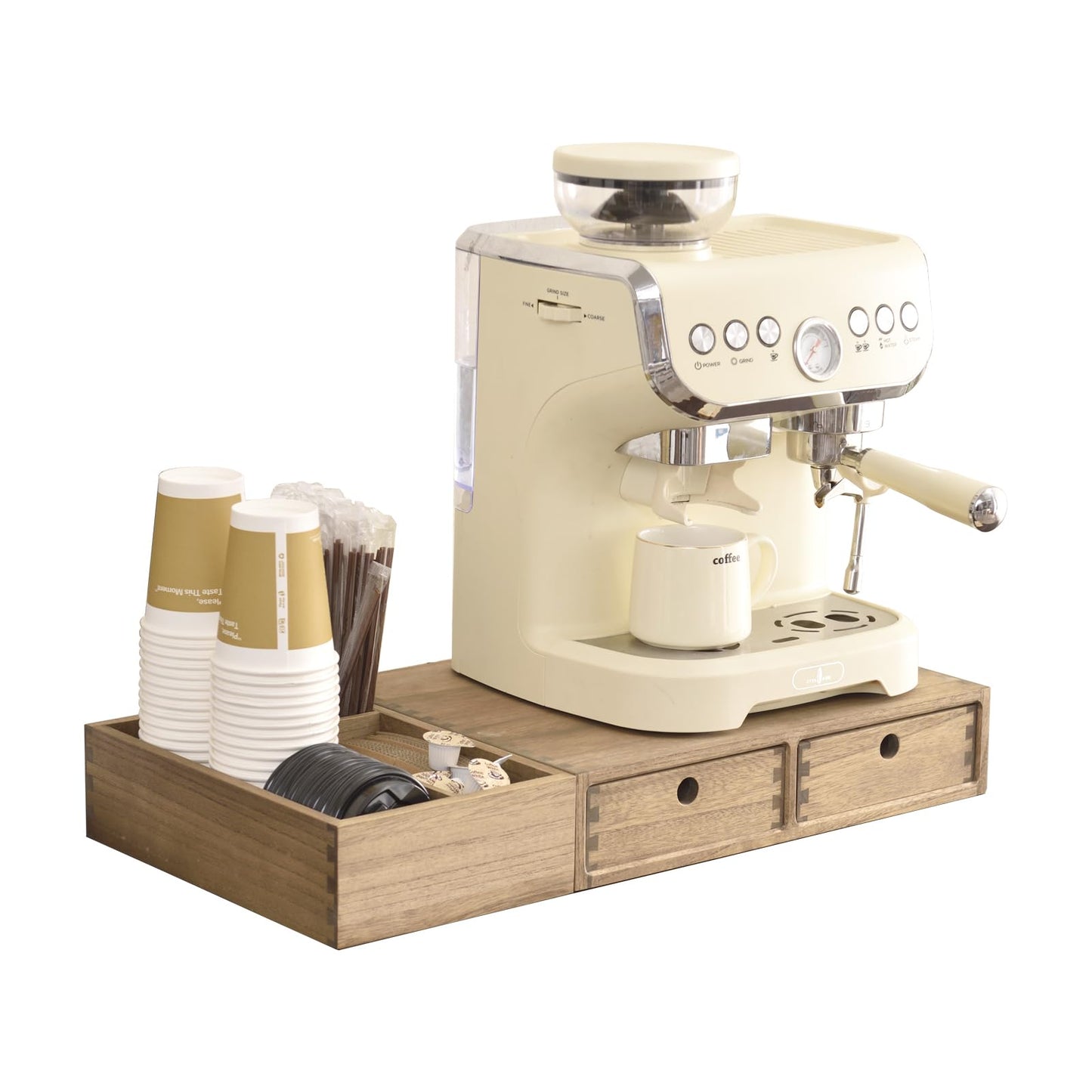 KIRIGEN Wooden Coffee Station Organizer 2-Piece Set - Coffee Bar Storage with Drawers for Sugar, Tea - Coffee Pod Holder and Accessories Organizer for Kitchen Counter Brown KFJTZ-DBR
