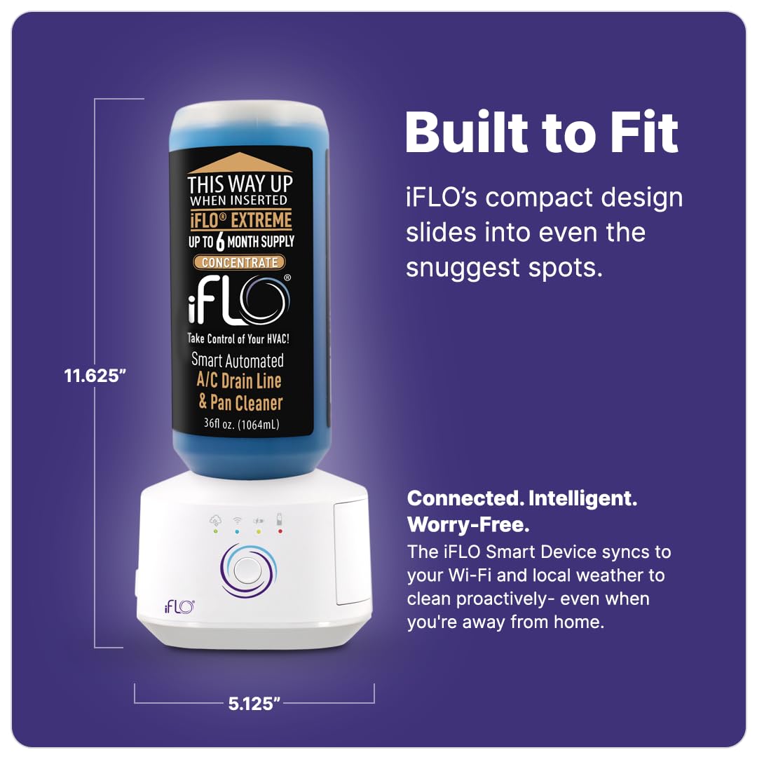 iFLO® Smart A/C Drain Line Cleaner and Drain Pan Cleaner Cartridge Concentrate, Fast-Acting, Long-Lasting HVAC System Solution for Tough Clogs & Buildup, 6-Month Supply per Bottle, 1 Pack of 36oz