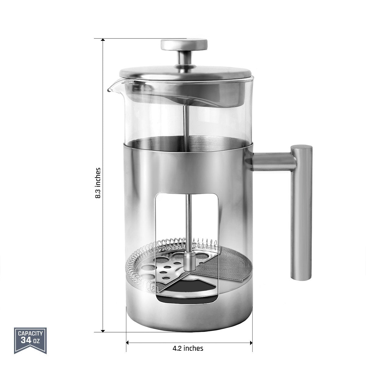 Rodolffo 34 Ounce French Press Coffee Maker with Stainless Steel 18/8 frame, 1 Litre Heat Resistant Borosilicate Glass Carafe includes 2 extra French Press Filters and 1 Coffee Spoon