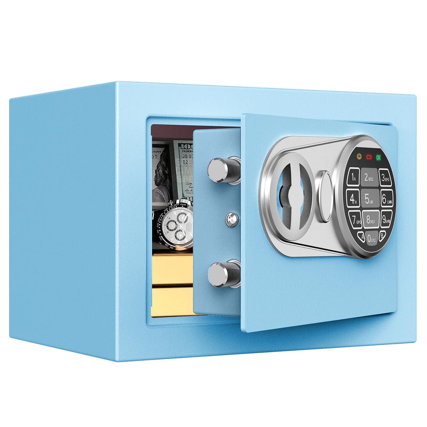 Goldenkey Small Kids Safe for Money, Digital Mini Safes with Keys&Code for Cash, Safe Box for Personal Items for Home, 6.69"D x 9.05"W x 6.69"H, Blue