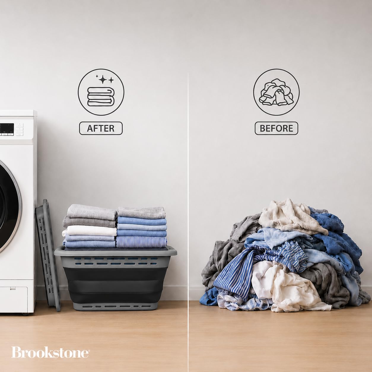 BROOKSTONE 11 GALLON XL 24" Collapsible Laundry Basket & Clothes Hamper, Comfort Non-Slip Handles, Modern Laundry Hamper with Space Saving Design, Portable Pop-Up Hamper, BPA FREE, Grey, 1 Pack