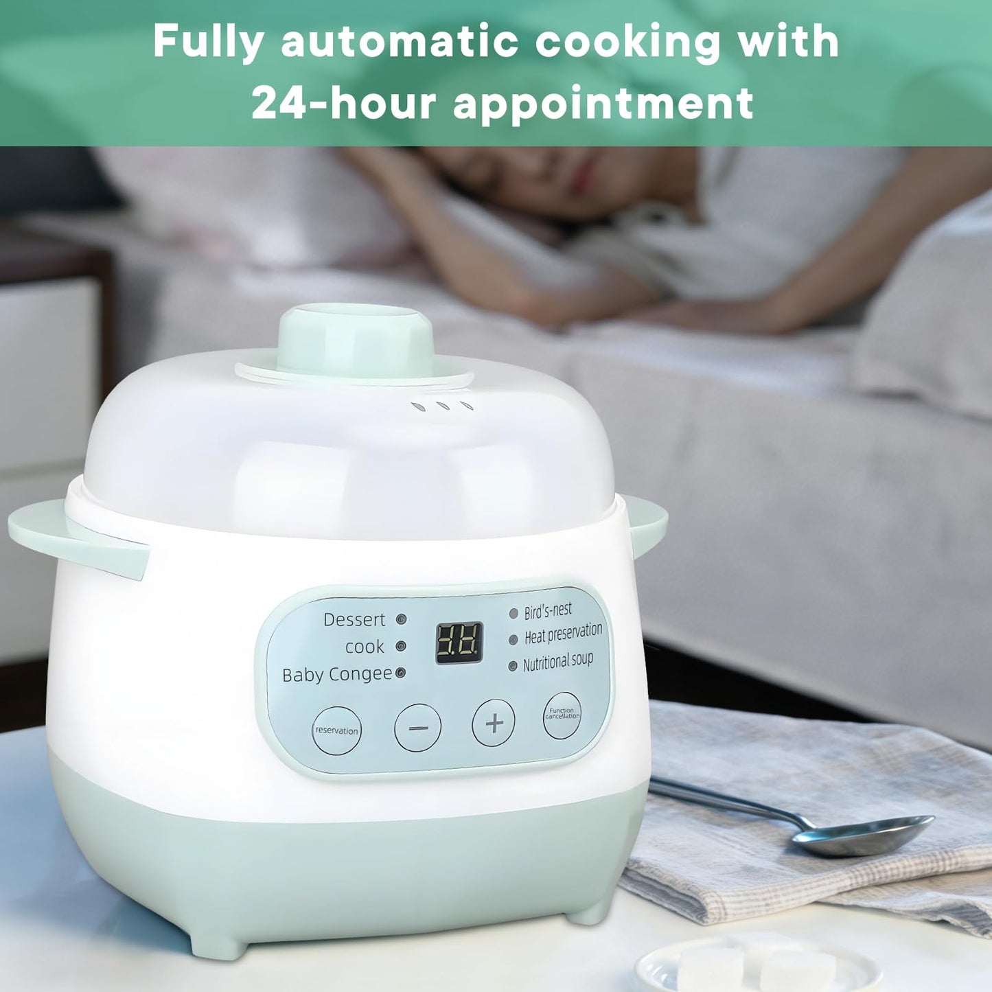 Green 1L Mini Slow Cooker with Steamer Basket, 200W Smart Ceramic Electric Stew Pot, 24-Hour Timer & Auto Keep-Warm, Dry-Burn Protection, Kitchen Cooking Appliance
