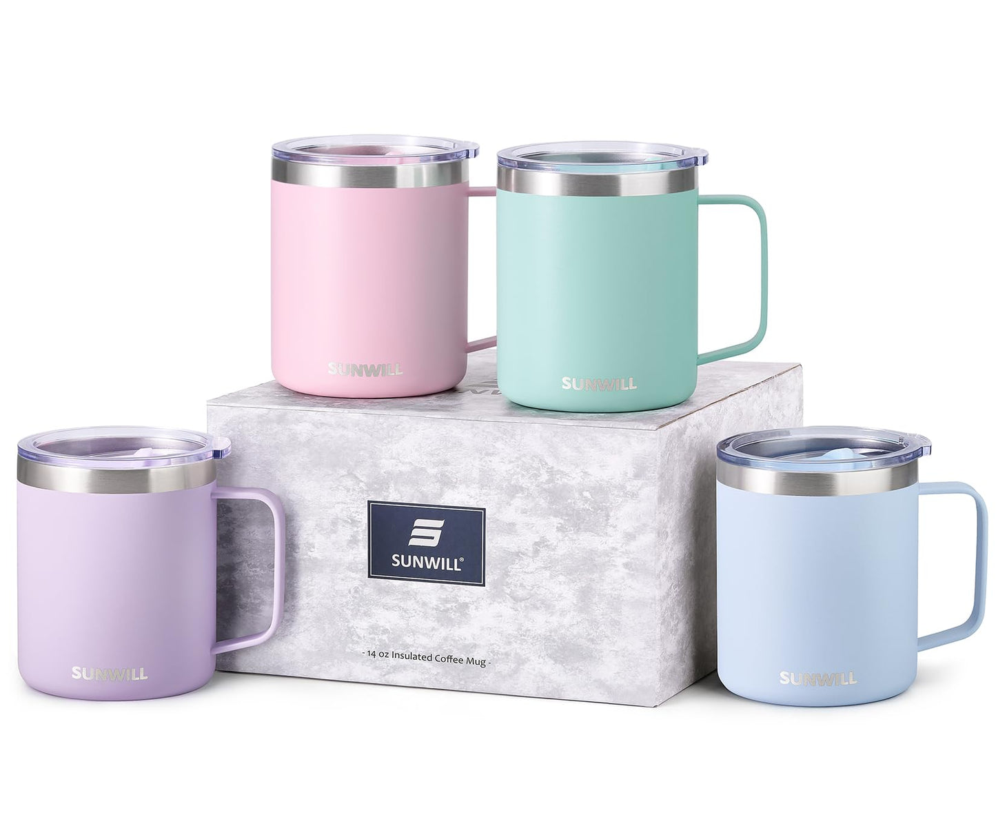 SUNWILL Travel Coffee Mugs Set of 4, Insulated Tumbler with Lid, 14 oz Stainless Steel Cup with Handle Bulk for Gift, Camping, Office, Powder Coated Orchid, Iceberg, Mint, Sakura