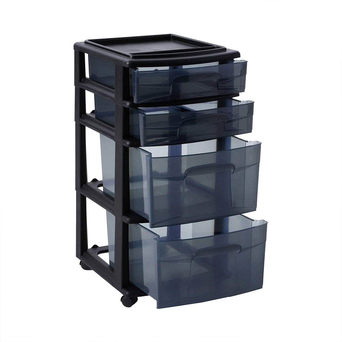 HOMZ Drawer Tower, 4-Tier Clear Plastic Storage Organizer Cart, Black Frame - Rolling Drawer Containers with Wheels for Bathroom, Bedroom, Office, and Classroom Organization