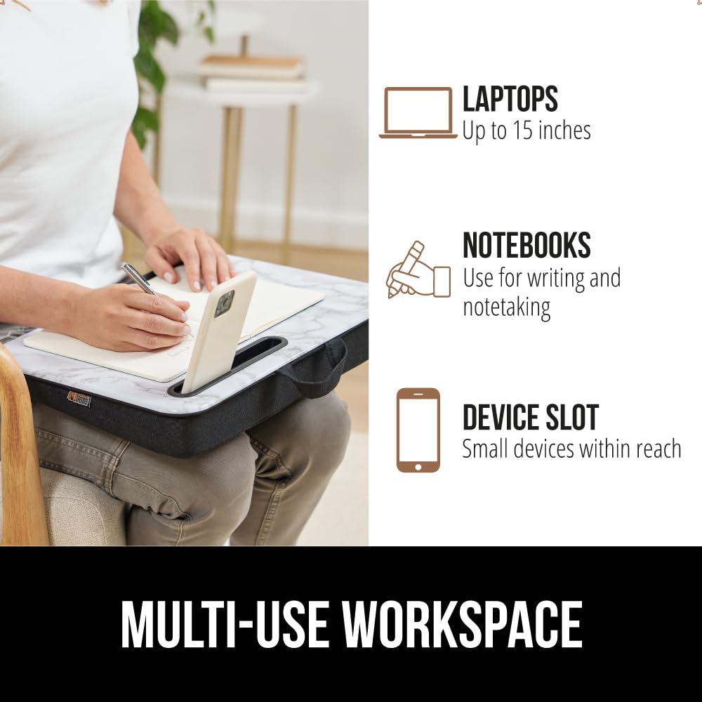 GORILLA GRIP Laptop Lap Desk with Phone Holder, Pillow Cushion Desks Fit Laptops up to 15.6", Gifts for Home, Portable Travel Workstation, Tray Ledge Keep Computers in Place, Marble Pattern
