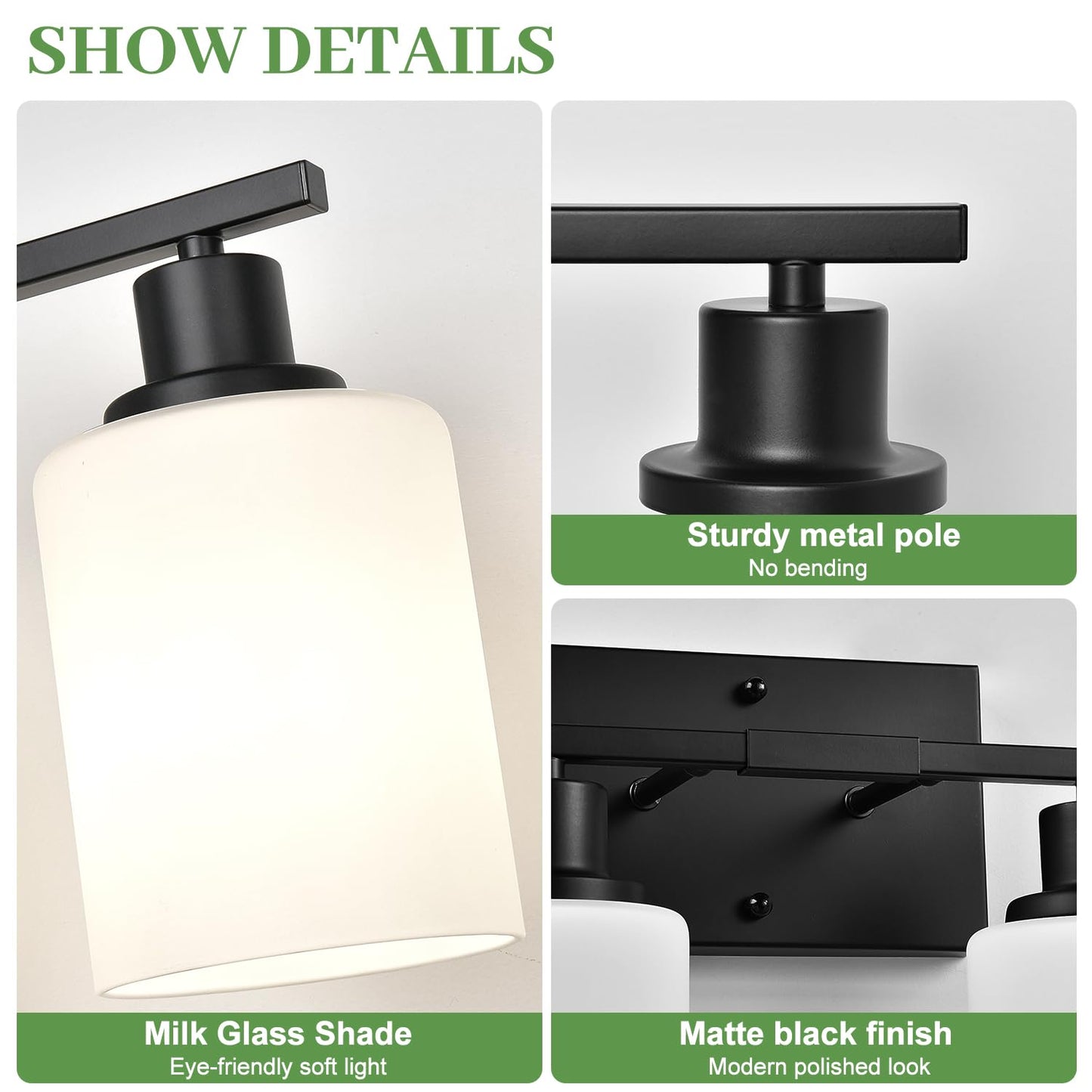 MOKATNG 4-Light Bathroom Light Fixtures, Vanity Light with Milky White Shades, Matte Black Bathroom Light Fixtures Over Mirror, Modern Bathroom Wall Lamp for Mirror Living Room Cabinet Bedroom
