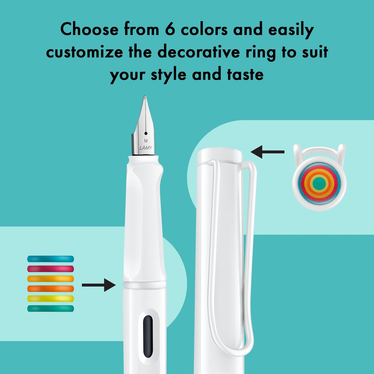 Lamy safari multicolor Fountain Pen Set all white – Special Edition with 6 Interchangeable Colored Rings – Steel Nib in Width F – incl. blue Ink Cartridge T10 & Gift Box