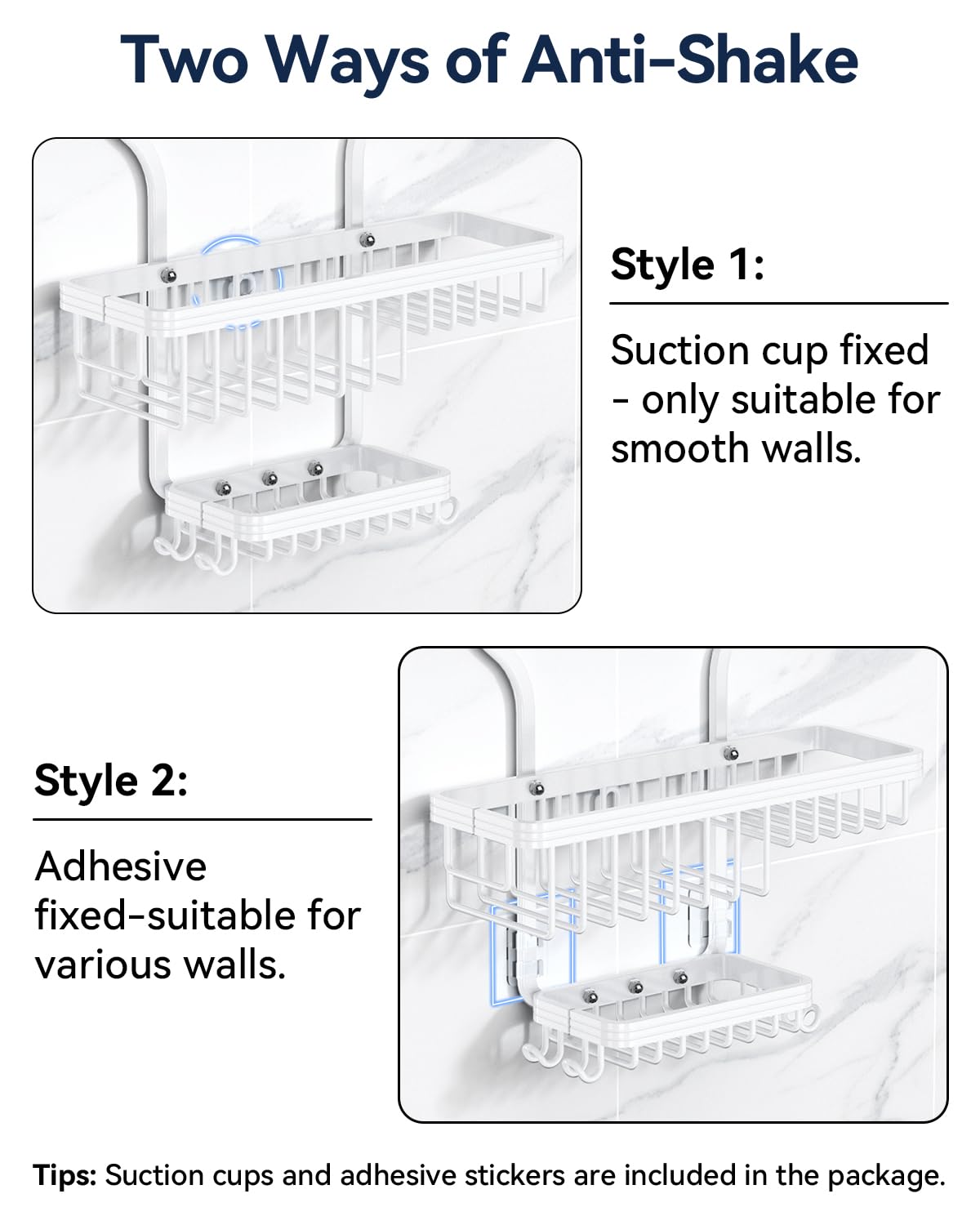 YASONIC Never-Rust Aluminum Hanging Shower Caddy – Over-the-Showerhead Organizer with 10 Hooks for Razor and Sponge – Includes Soap Basket – White