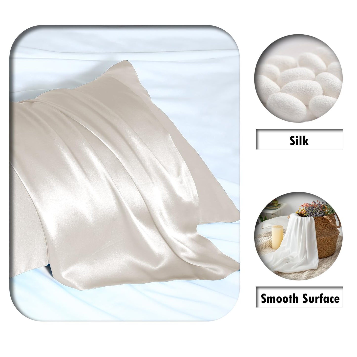 Silk Pillow Cases 2 Pack Soft Breathable and Sliky King Size Pillow Cases Set of 2,Natural Mulberry Silk Pillowcase Set of 2 for Hair and Skin with Hidden Zipper (Beige,20"X 36",2pcs)