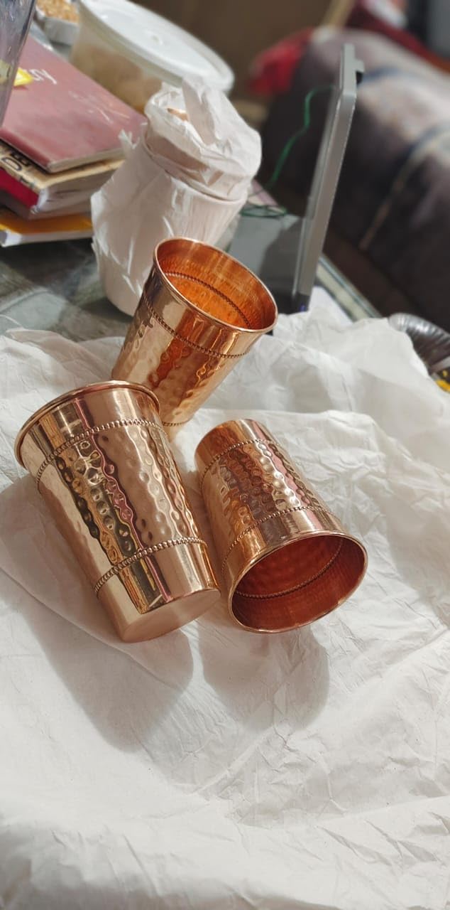 JYPR Hammered Pure Copper Water Drinking Glasses Set of 2 Large 13 Oz Drinking Cups Copper Ayurvedic Health Benefits Tumblers Beautiful Handcrafted Design Cup Best Gift