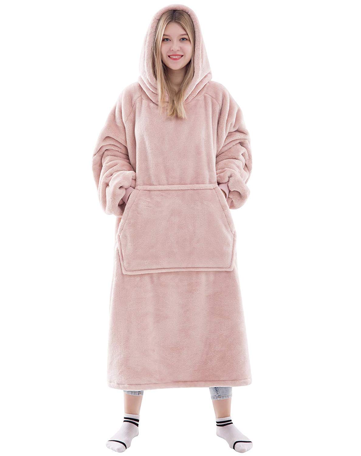 Waitu Wearable Blanket Sweatshirt Gifts for Women and Men, Super Warm and Cozy Giant Blanket Hoodie, Thick Flannel Blanket with Sleeves and Giant Pocket - Pink